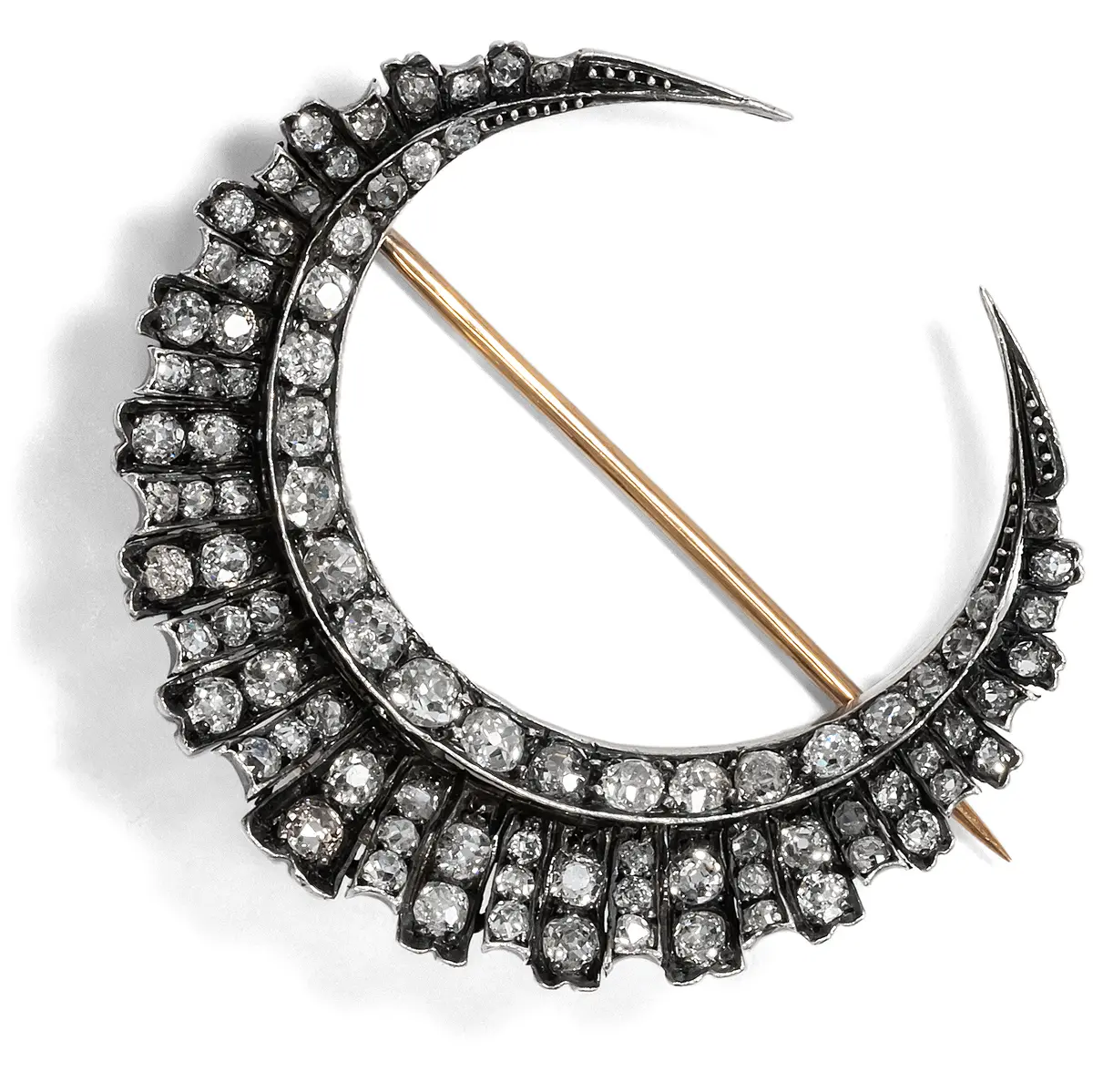 Antique Crescent Brooch With Old Cut Diamonds in Silver on Gold, c. 1890