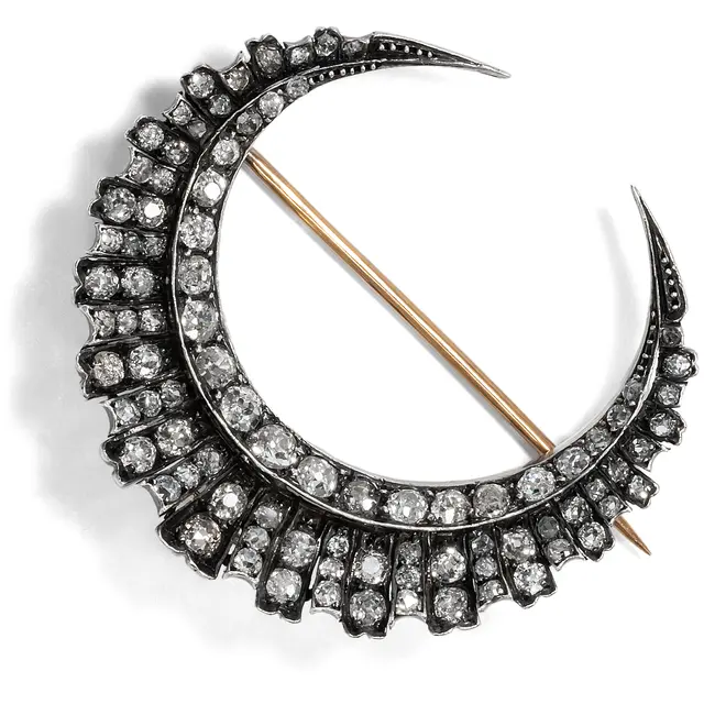 Antique Crescent Brooch With Old Cut Diamonds in Silver on Gold, c. 1890