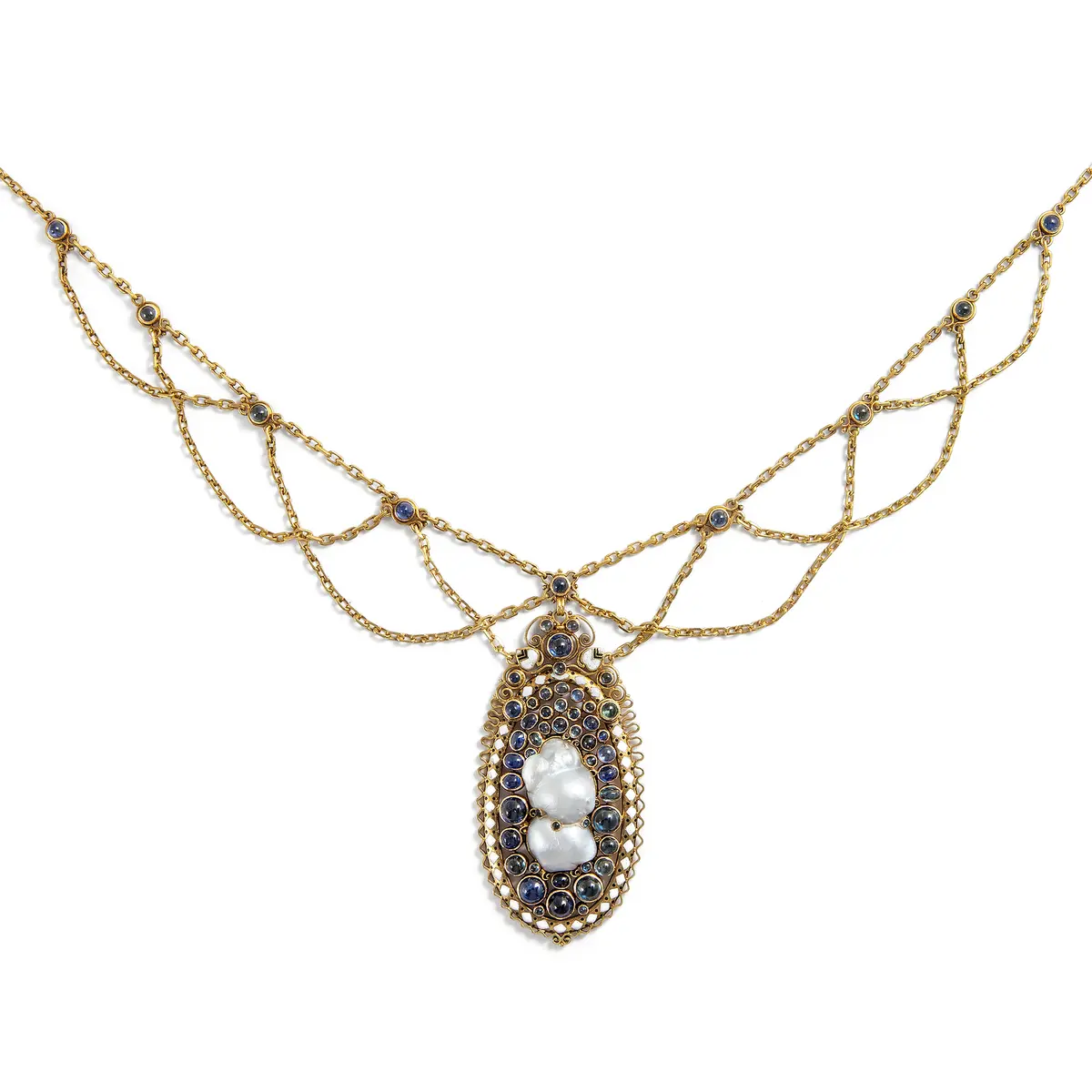 Artistic Art Nouveau Necklace with Baroque Pearl & Sapphires, Munich, c. 1910