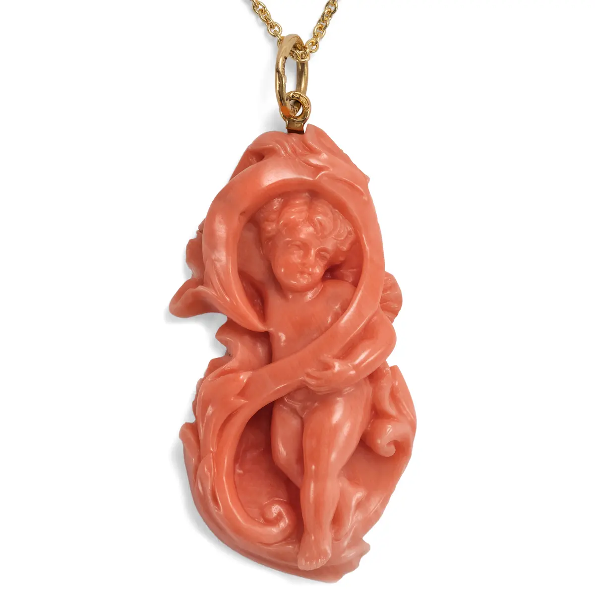 Delicate Pendant with Carved Mediterranean Coral in Gold, c. 1890