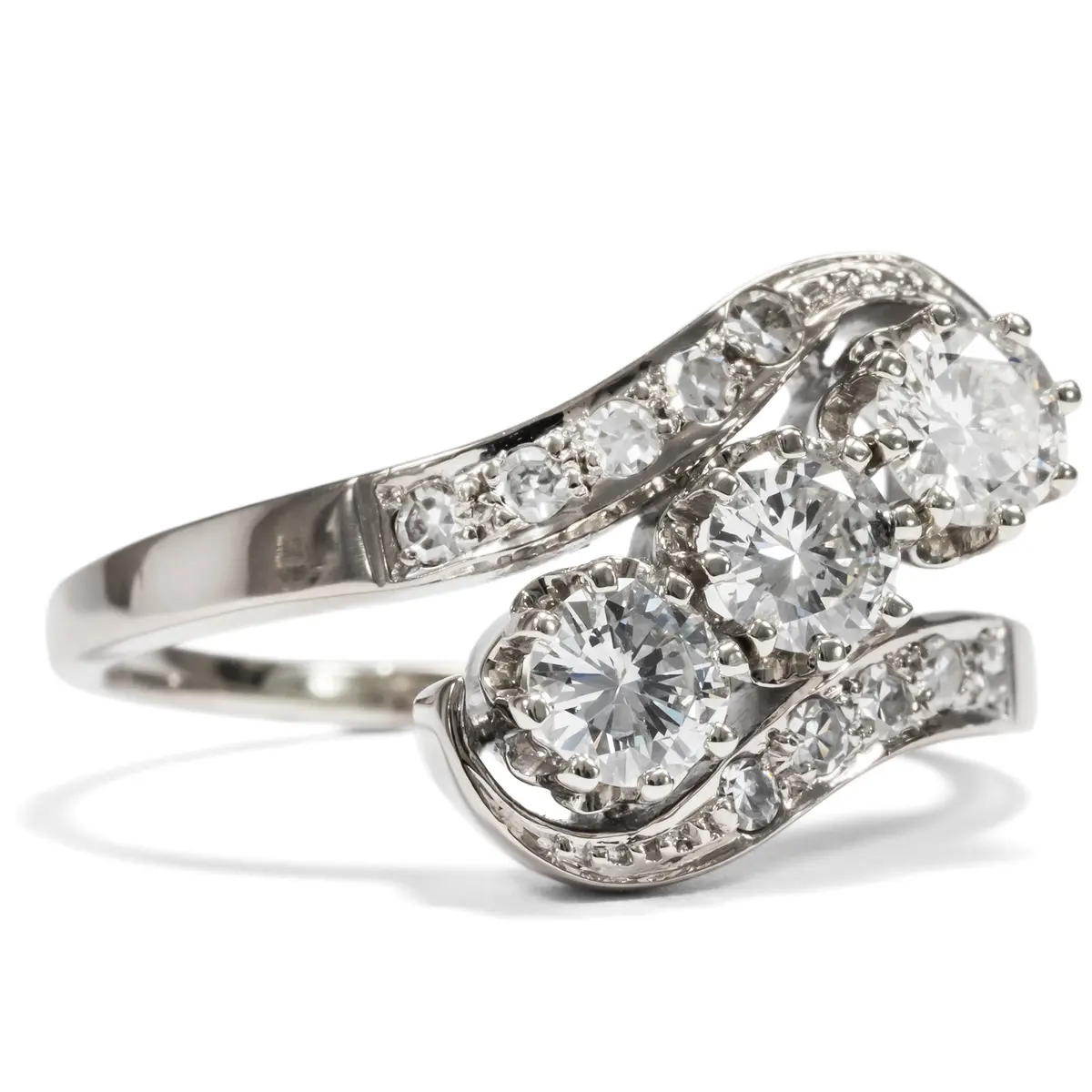 Luxury Vintage Trilogy Ring With Diamonds in White Gold, ca. 1965