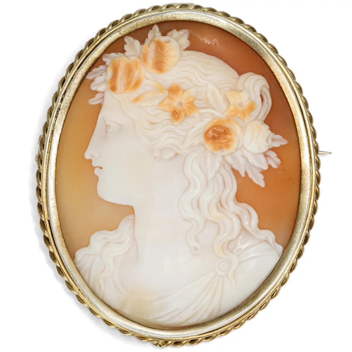Antique Pendant-Brooch with a Shell Cameo of Flora in Gilt Silver, c. 1910