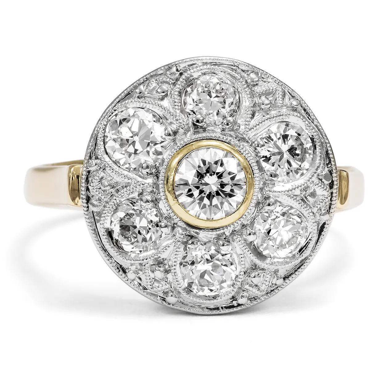 Antique Daisy Ring with Diamonds in Gold & Platinum, c. 1920 & Later