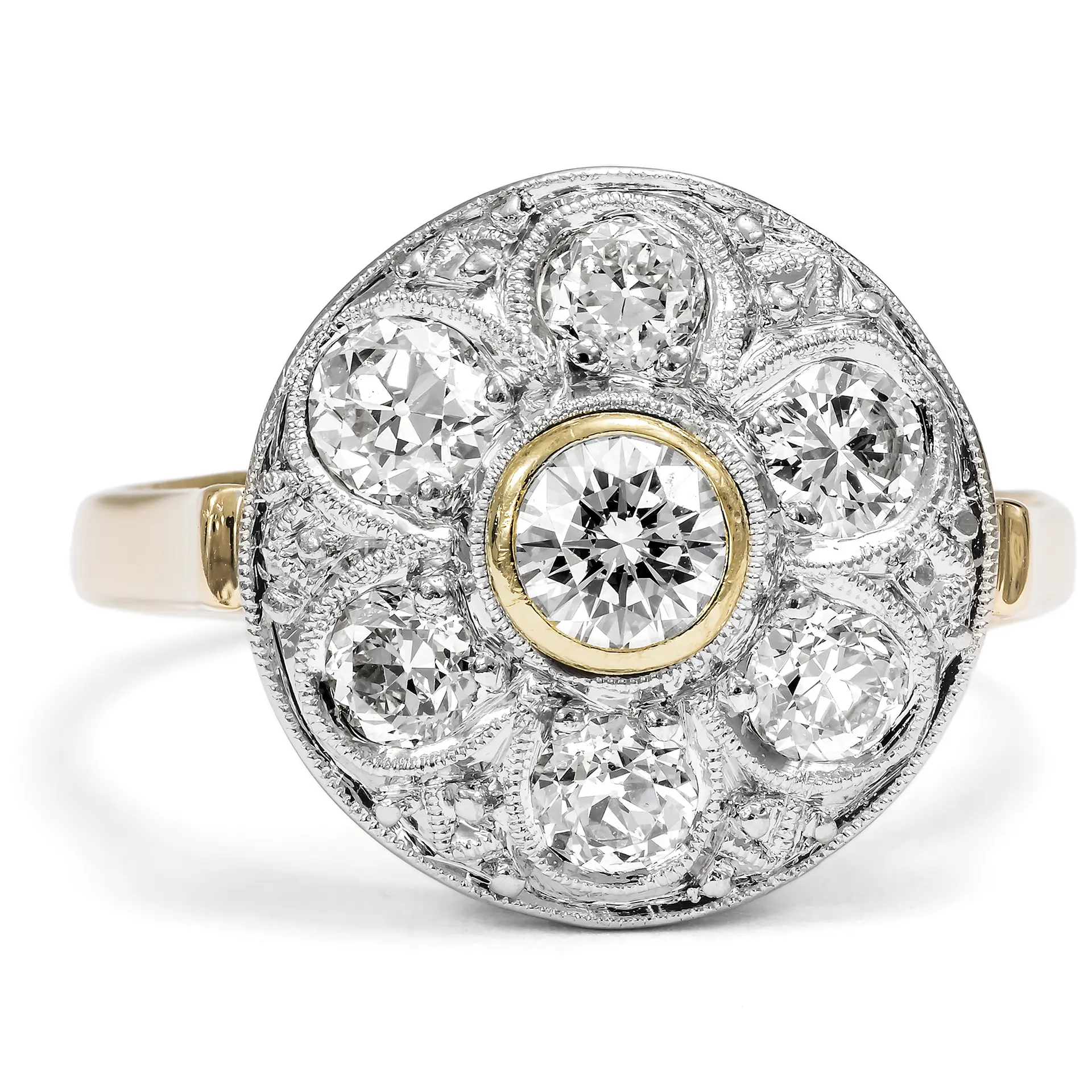 Antique Daisy Ring with Diamonds in Gold & Platinum, c. 1920 & Later