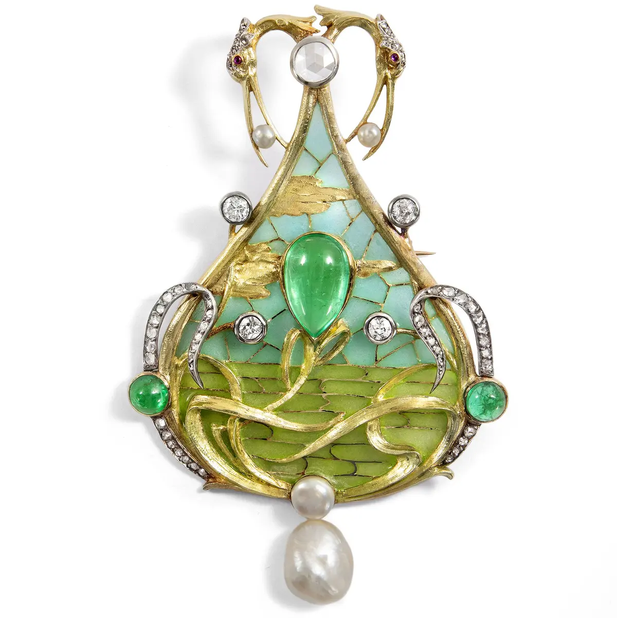 Exceptional Art Nouveau Brooch with Emeralds, Pearls, Diamonds and