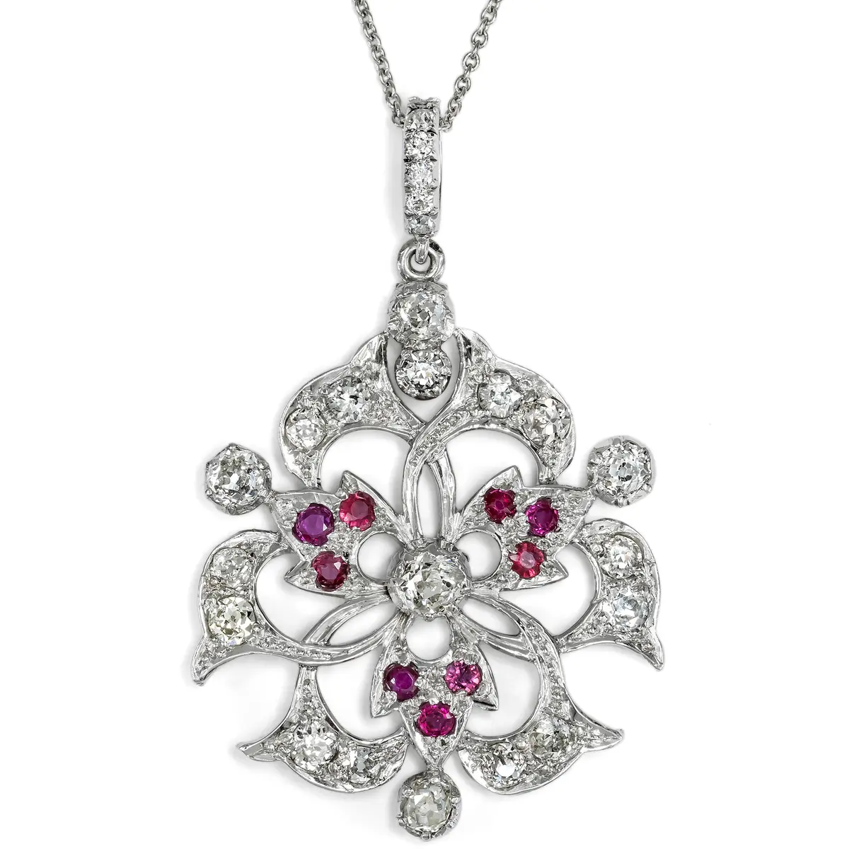 Antique Pendant with Rubies and Diamonds in Rhodium-Plated Silver