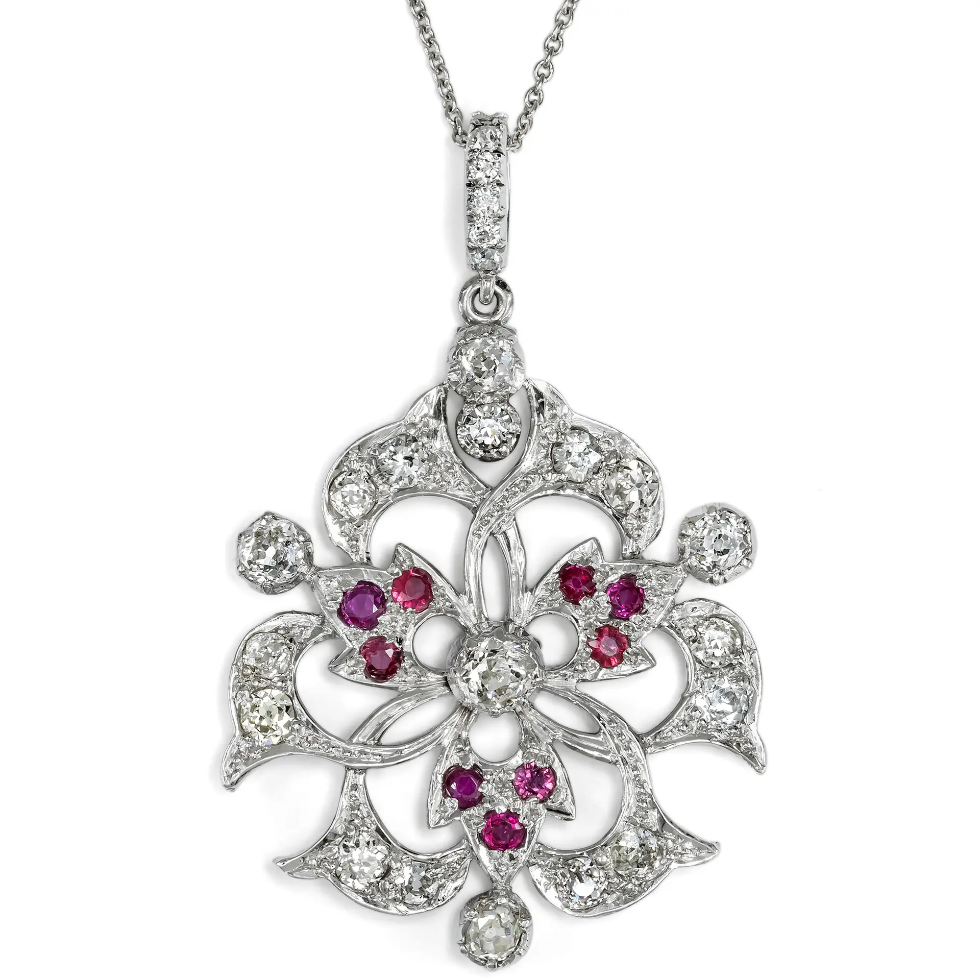 Antique Pendant with Rubies and Diamonds in Rhodium-Plated Silver