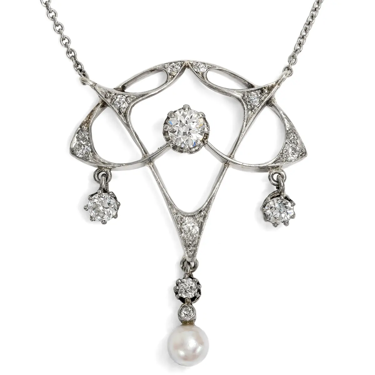 Exquisite Art Nouveau Platinum Necklace with Diamonds & Pearl, c. 1905
