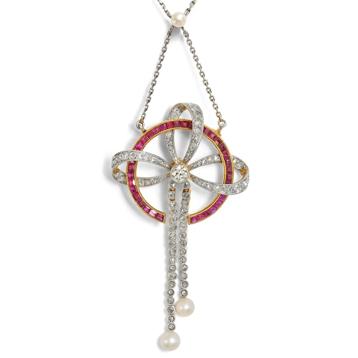 Elegant necklace with diamonds, pearls & Burma rubies in platinum