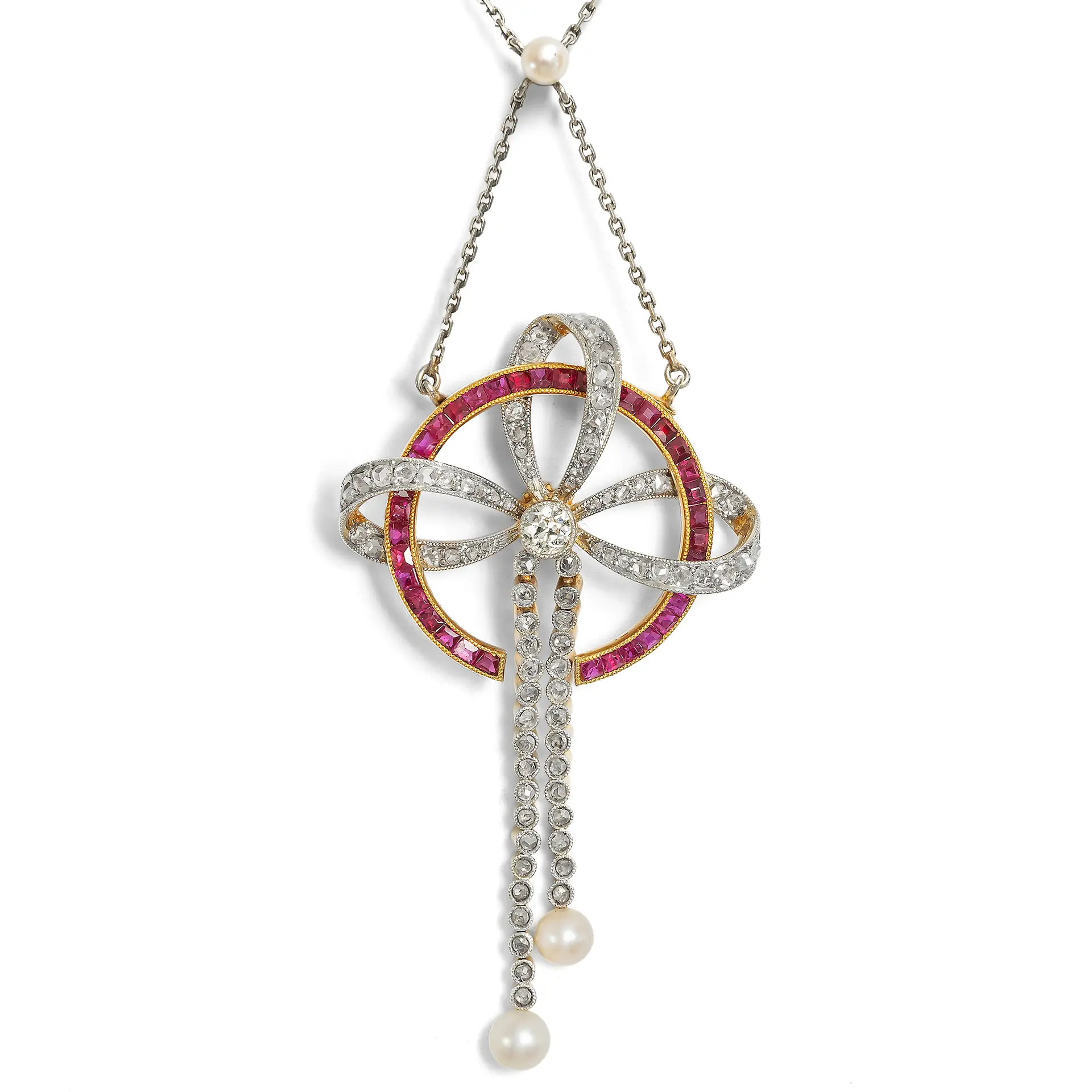 Elegant necklace with diamonds, pearls & Burma rubies in platinum