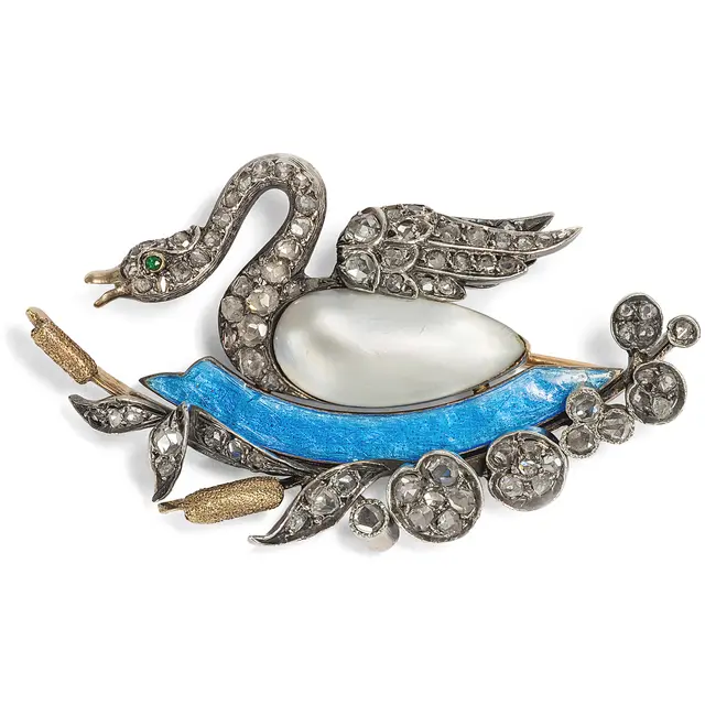 Antique Diamond and Enamel Brooch in Silver on Gold, French, c. 1910