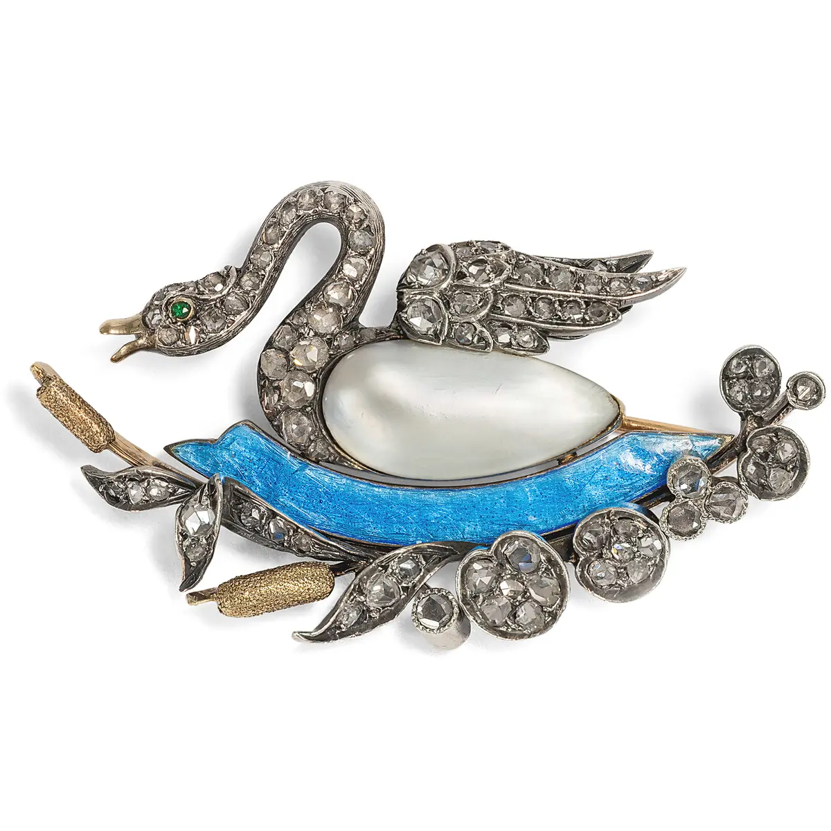 Antique Diamond and Enamel Brooch in Silver on Gold, French, c. 1910