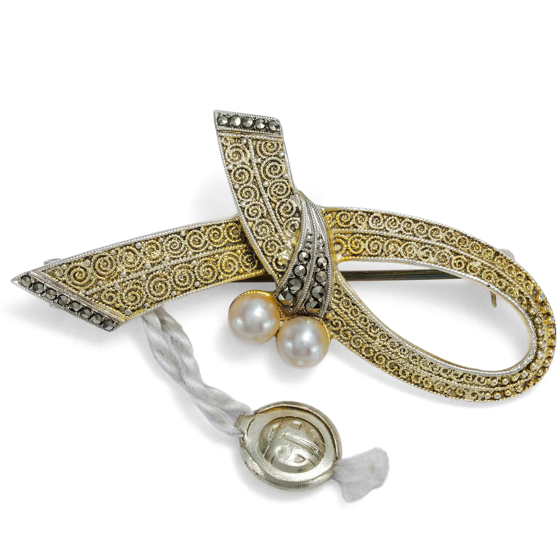 Elegant Gilded Silver, Pearls & Marcasite Brooch by Theodor Fahrner, c. 1950