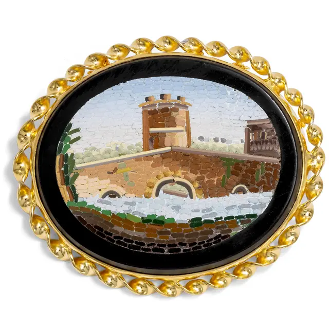 Antique Micromosaic with the Ponte Lucano in a Gilded Silver Setting