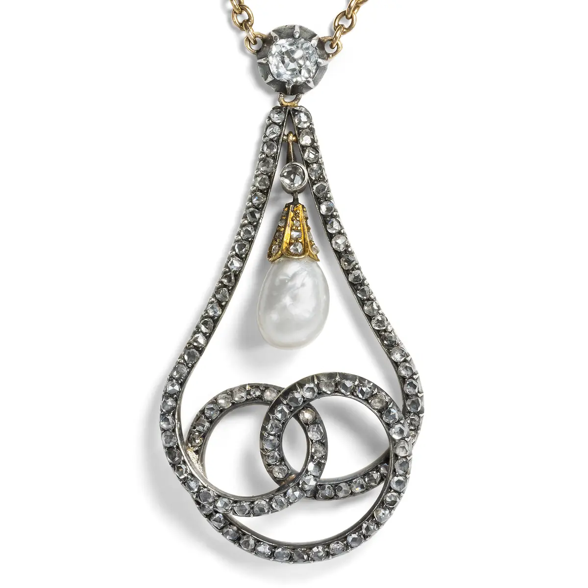 Antique Necklace With Diamonds & Natural Pearl in Gold & Silver, c. 1865