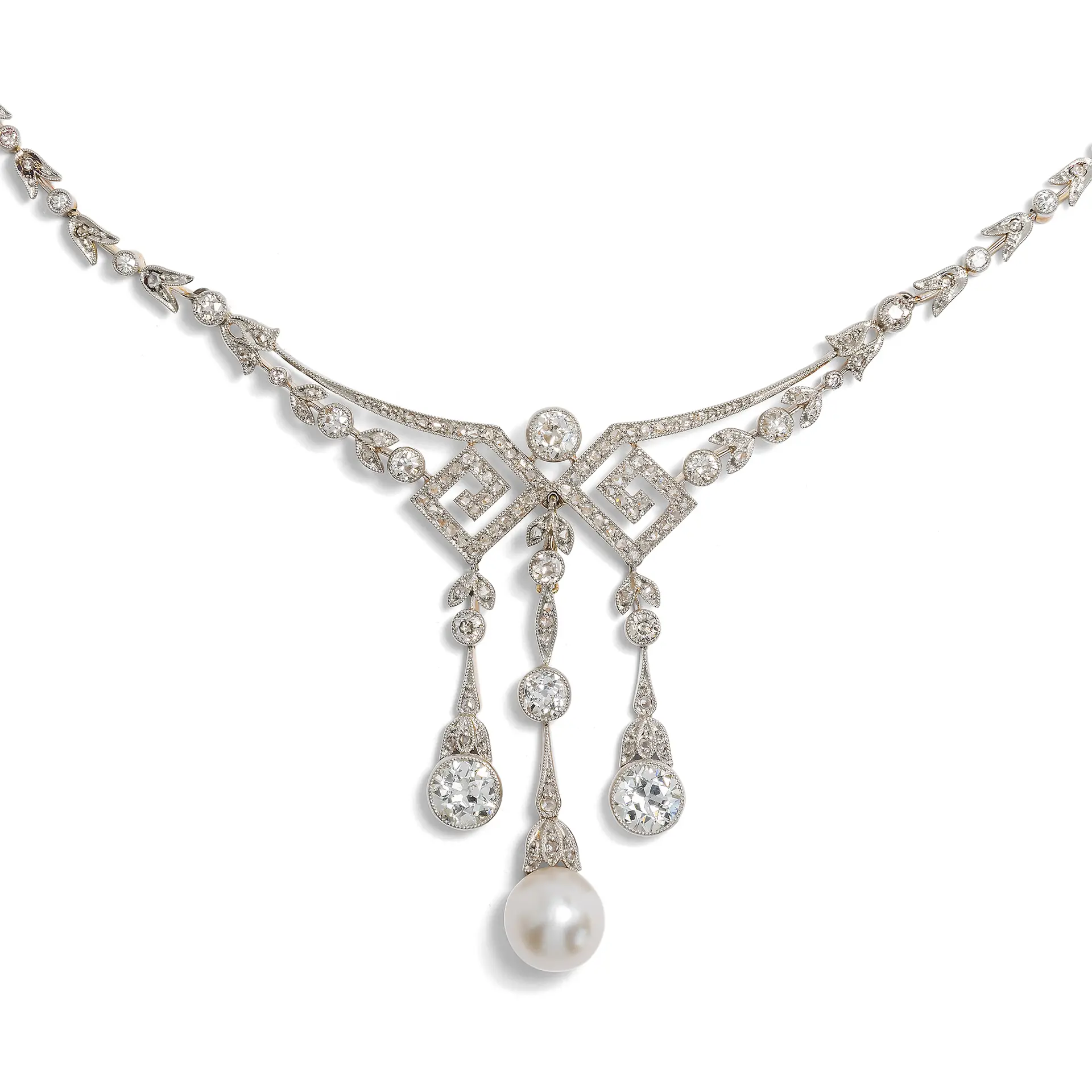 Exquisite Garland Style Necklace with Natural Pearl and Diamonds, c. 1910