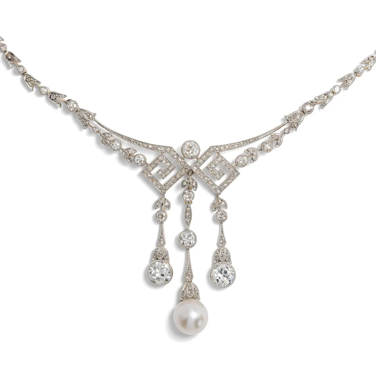 Exquisite Garland Style Necklace with Natural Pearl and Diamonds, c. 1910