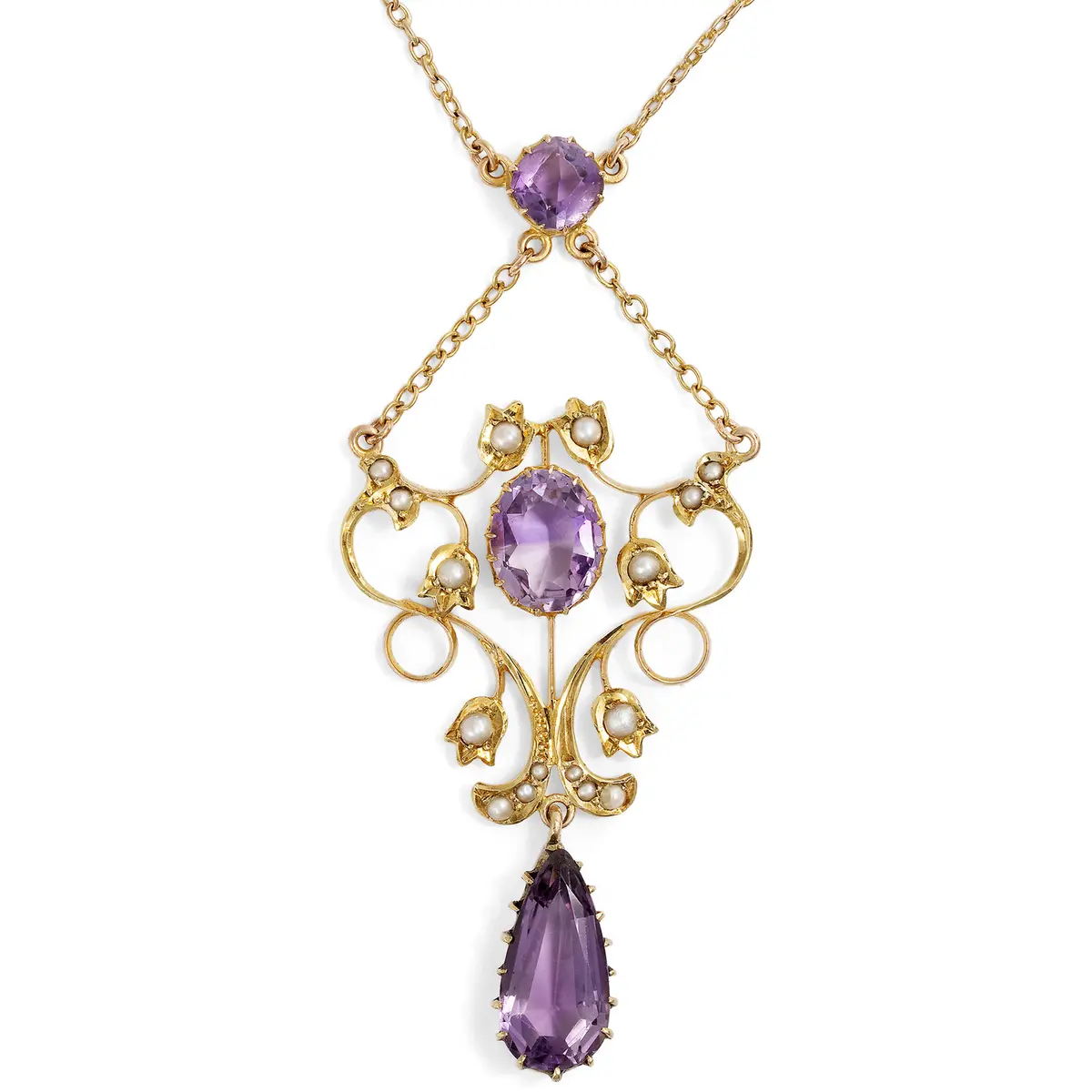 Antique necklace with amethyst and natural pearls in gold, Great Britain