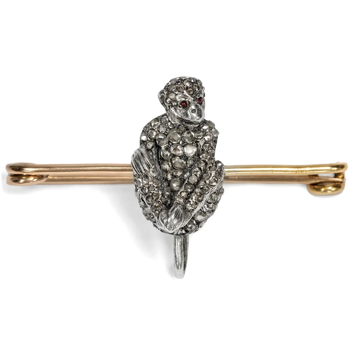 Funny Brooch with Chimpanzee made of Silver & Gold with Diamonds, c. 1900