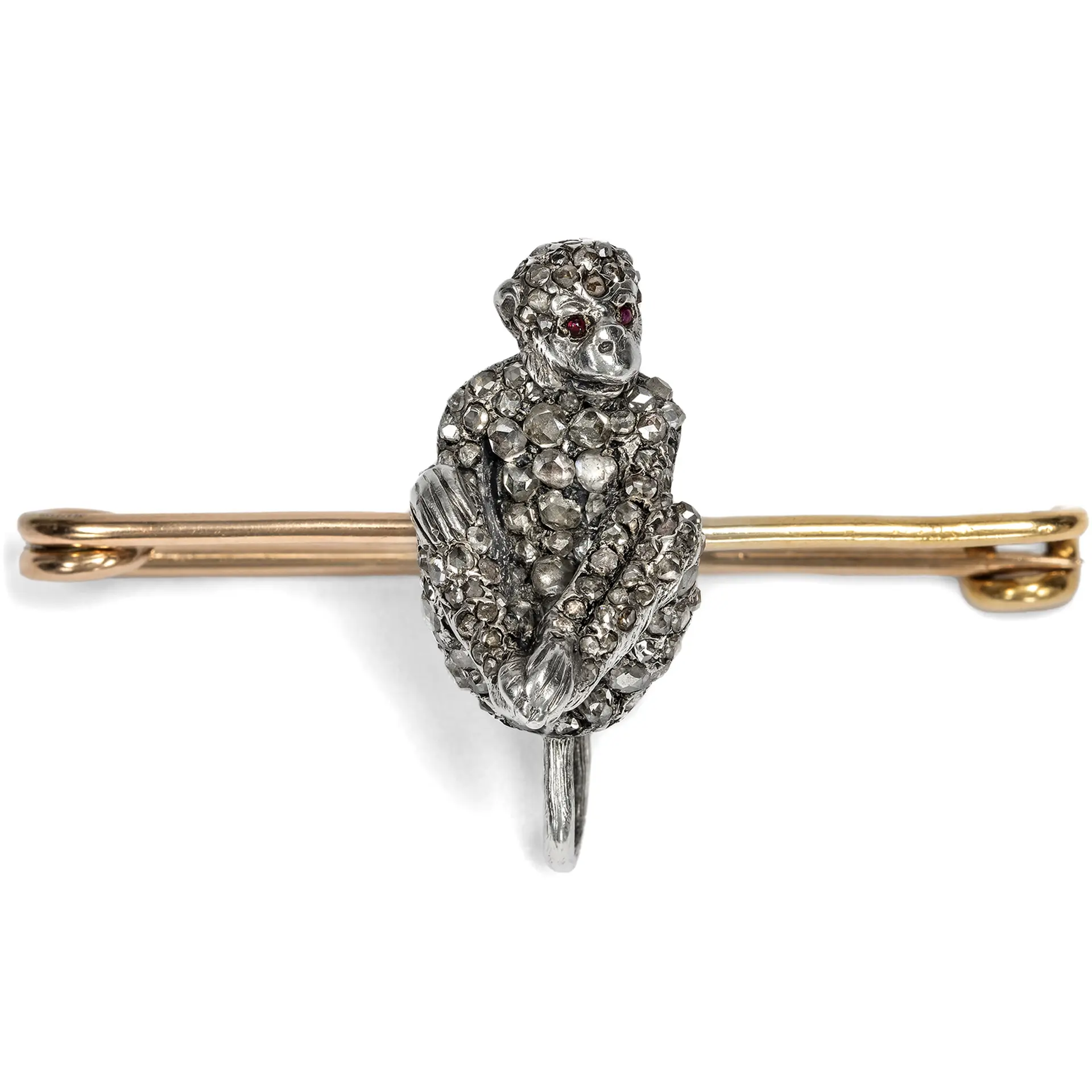 Funny Brooch with Chimpanzee made of Silver & Gold with Diamonds, c. 1900