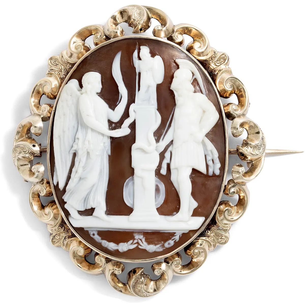 Large Shell Cameo with Themistocles & Nike in Front of Athena in Gold, c. 1850