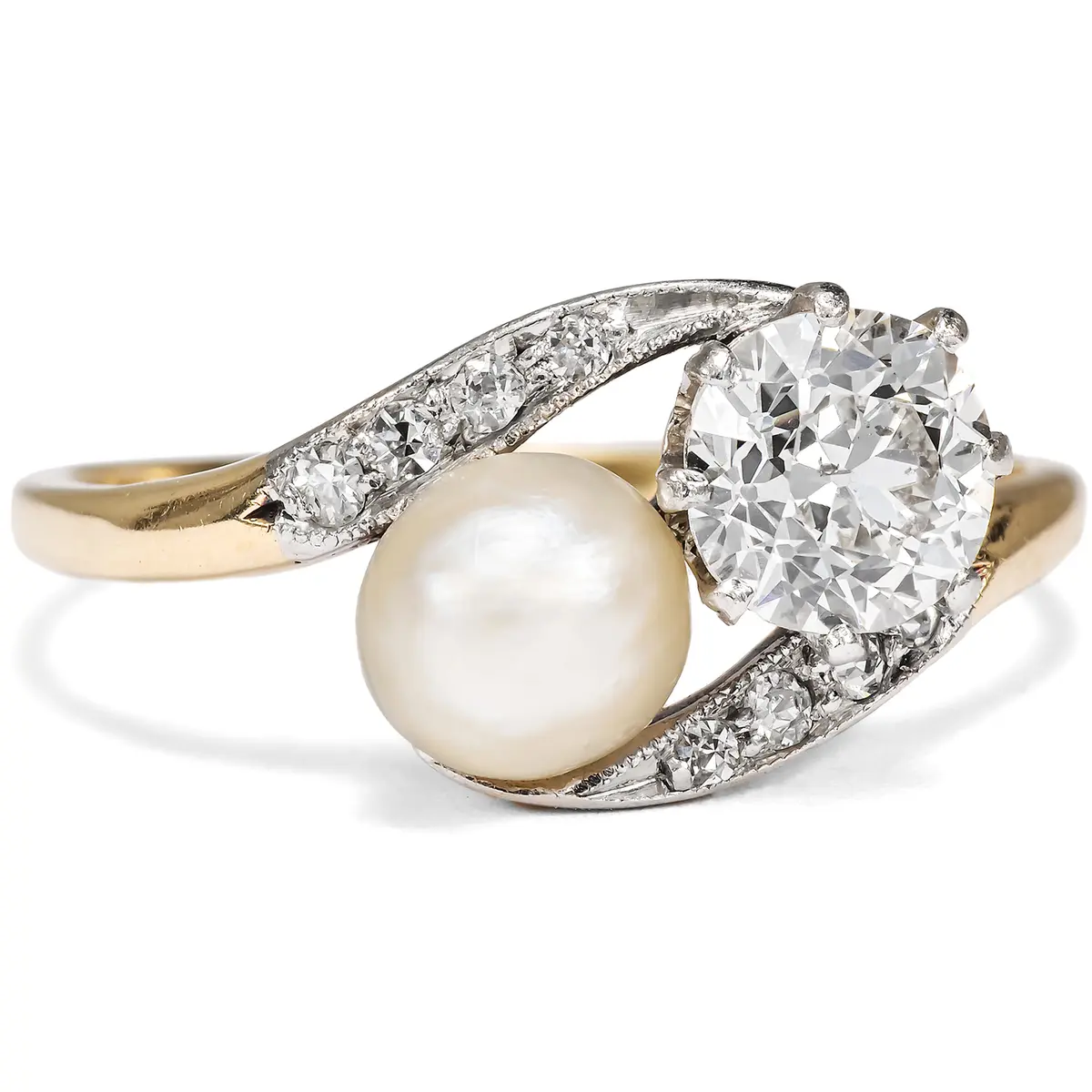 Delicate "Toi-et-Moi" Ring with Natural Pearl & Diamonds, c. 1915