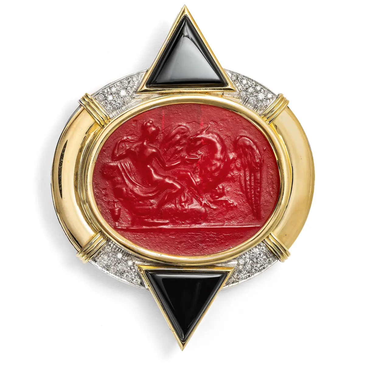 Fantastic Postmodern Gold Brooch with a Glass Cameo & Diamonds, c. 1985
