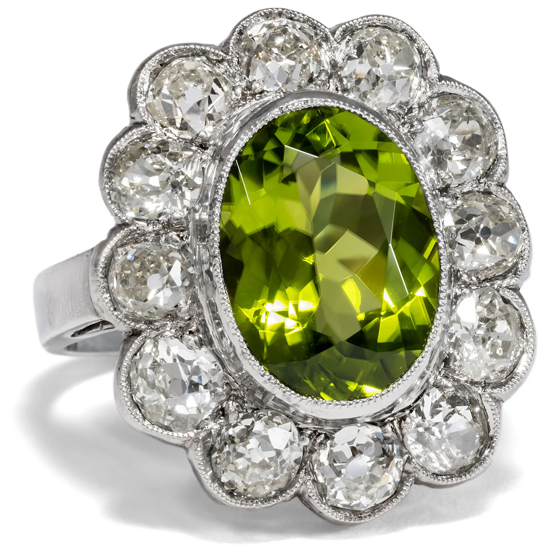 Large Antique Ring with Peridot & Diamonds Set in Silver, ca. 1900