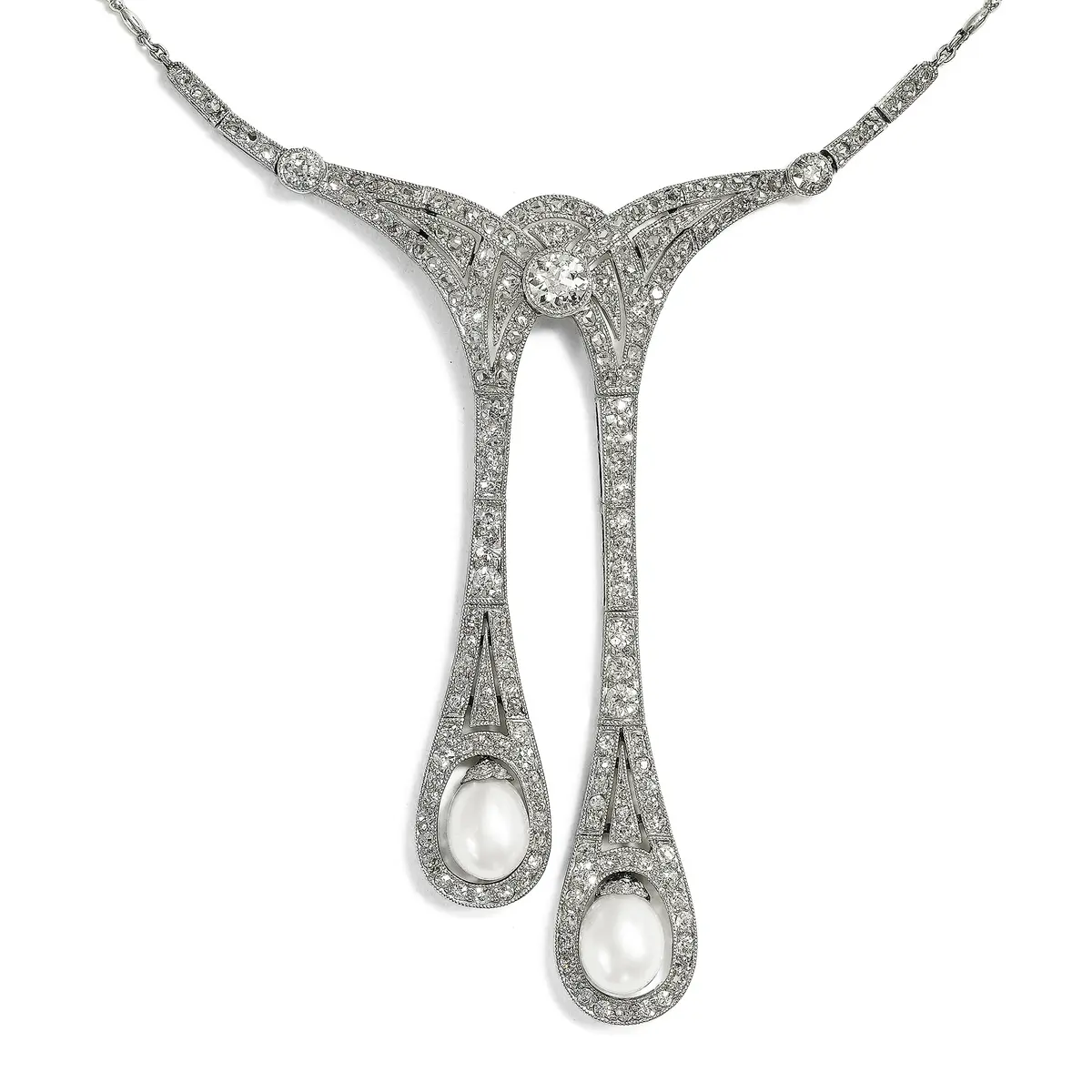 Precious "Lavallière" Necklace with Natural Pearls & Diamonds in Platinum
