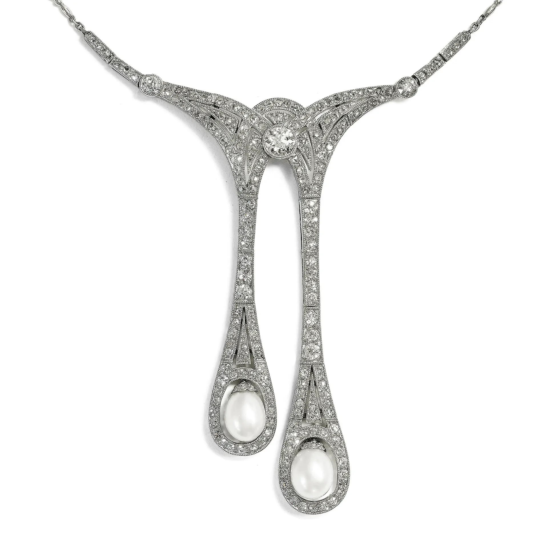 Precious "Lavallière" Necklace with Natural Pearls & Diamonds in Platinum