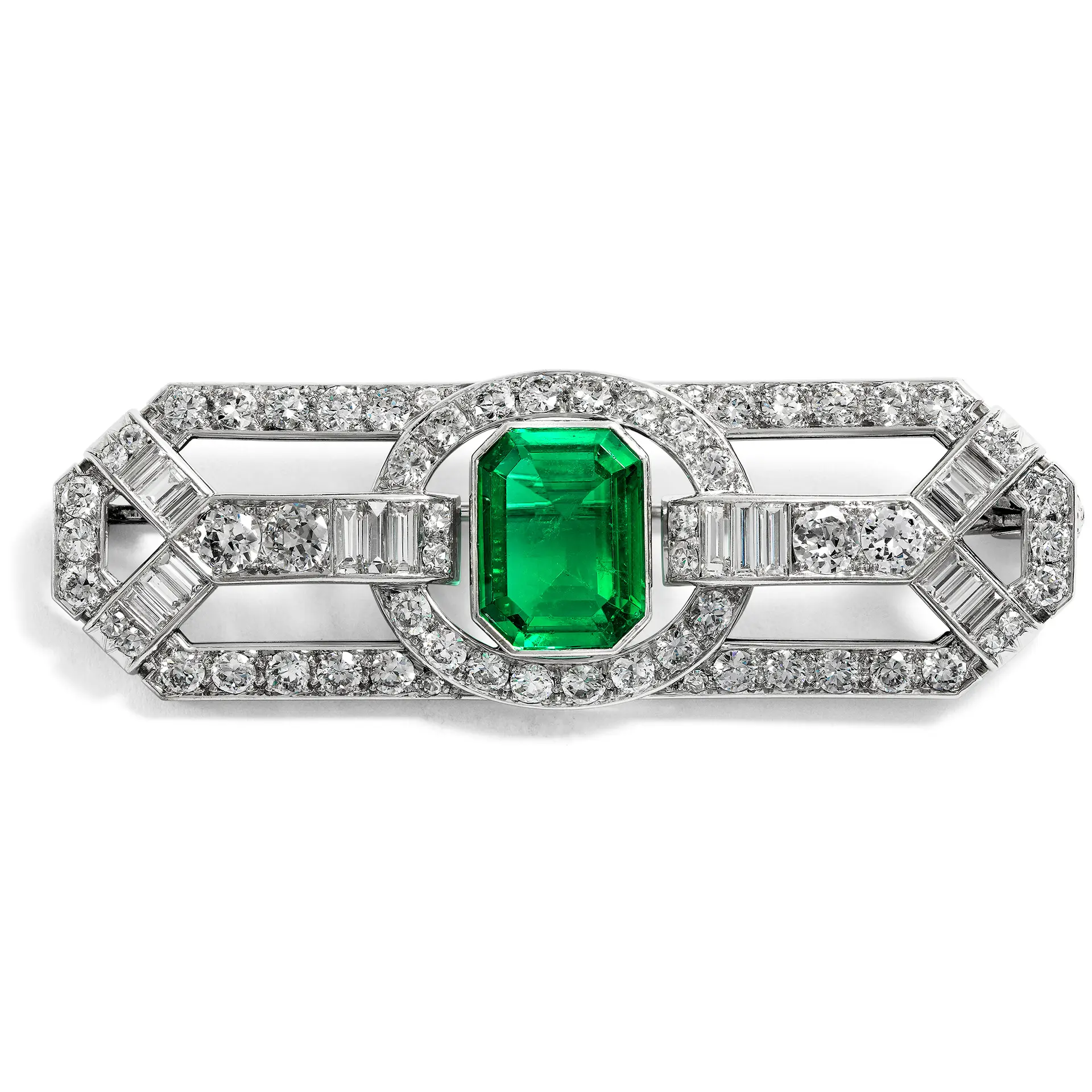 Luxurious Brooch with a Colombian Emerald & Diamonds in Platinum, c. 1930