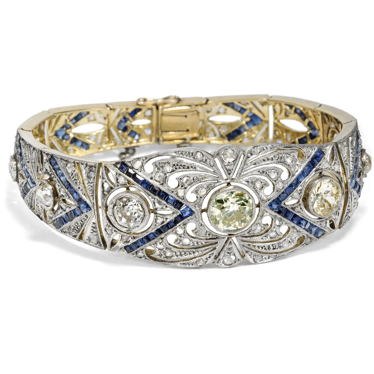 Precious Antique Bracelet With Diamonds & Sapphires In Platinum On