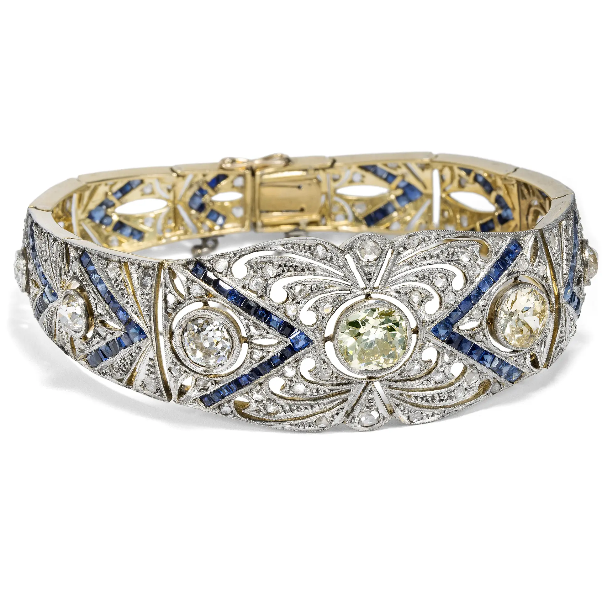 Precious Antique Bracelet With Diamonds & Sapphires In Platinum On
