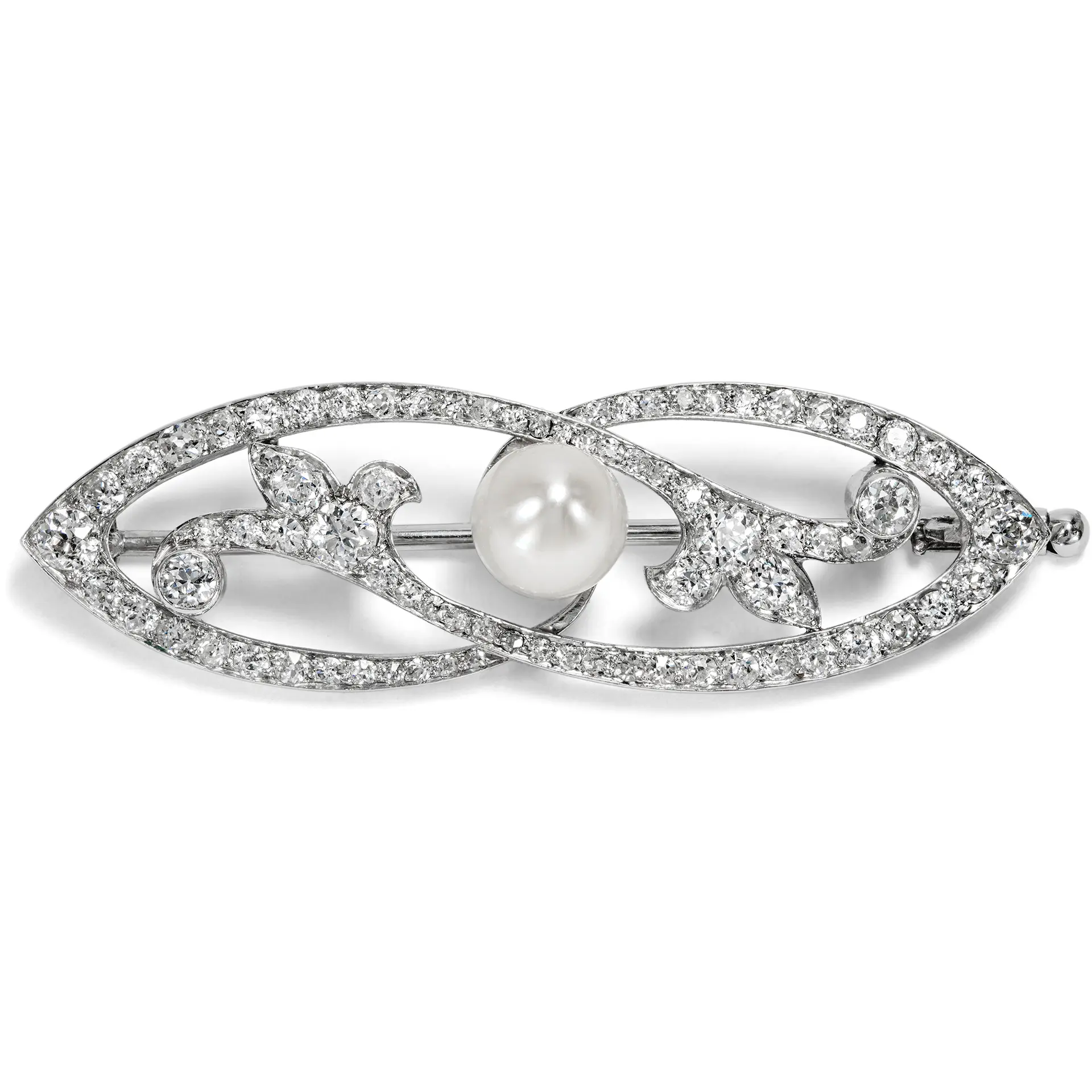 Precious Belle Époque brooch with diamonds & natural pearl in platinum