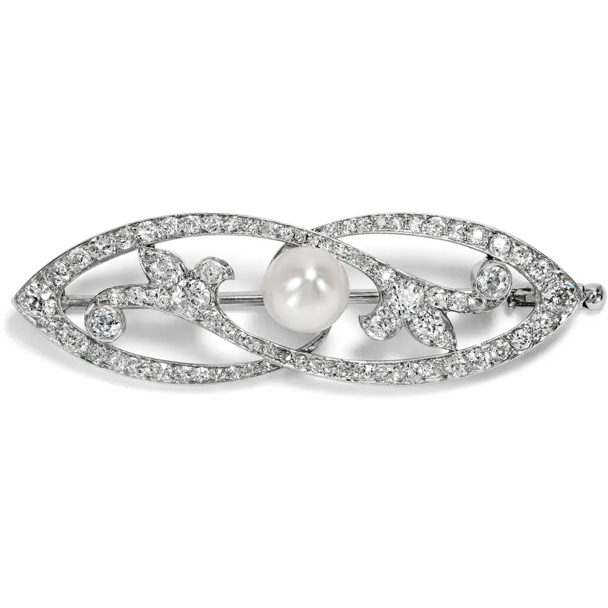 Precious Belle Époque brooch with diamonds & natural pearl in platinum