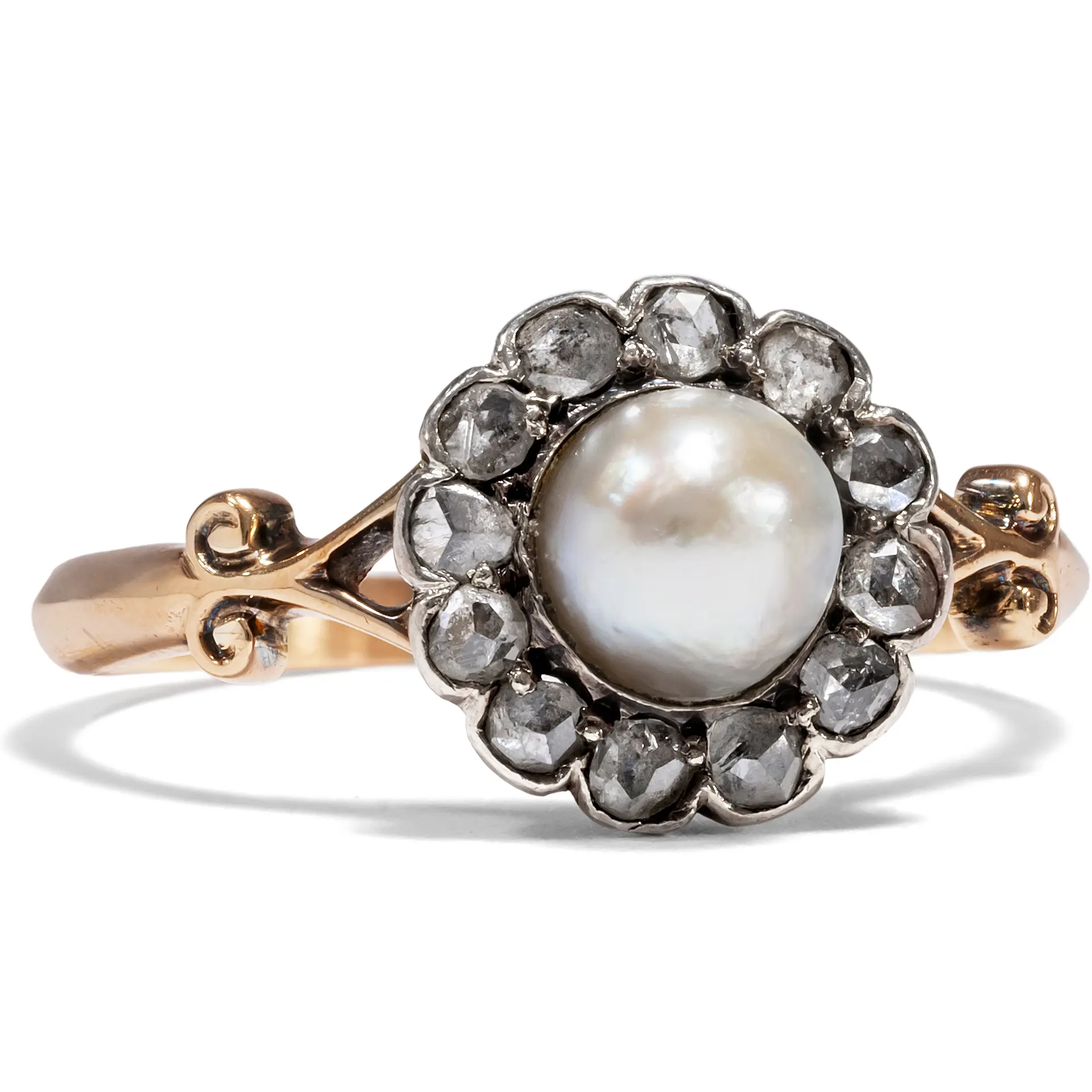 Delicate Ring With Blister Pearl & Rose Cut Diamonds in Gold & Silver, c. 1890