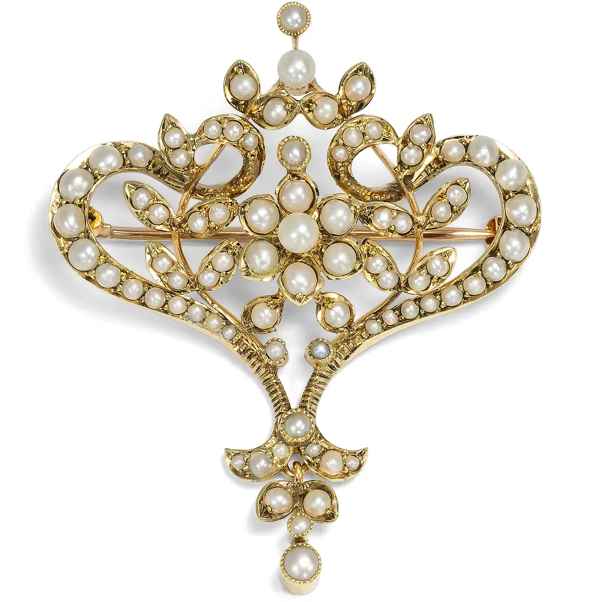 Edwardian Gold Brooch with Natural Seed Pearls, British, c. 1910