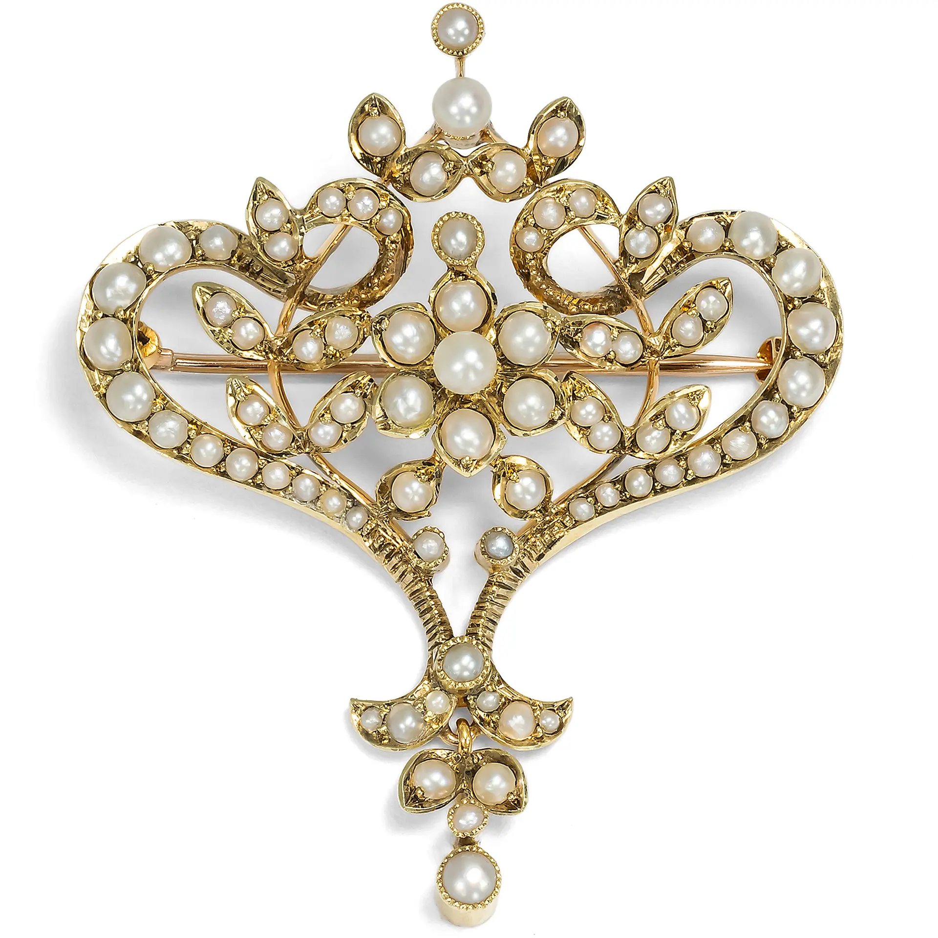 Edwardian Gold Brooch with Natural Seed Pearls, British, c. 1910