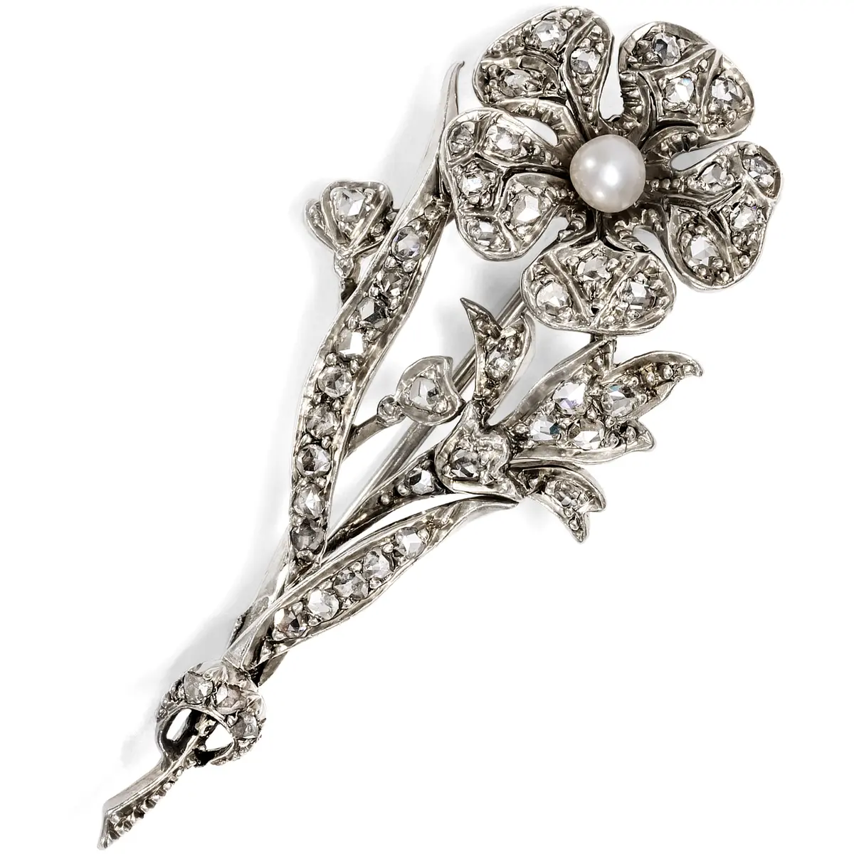 Floral Brooch with Diamonds and a Natural Pearl in Silver on Gold, c. 1890
