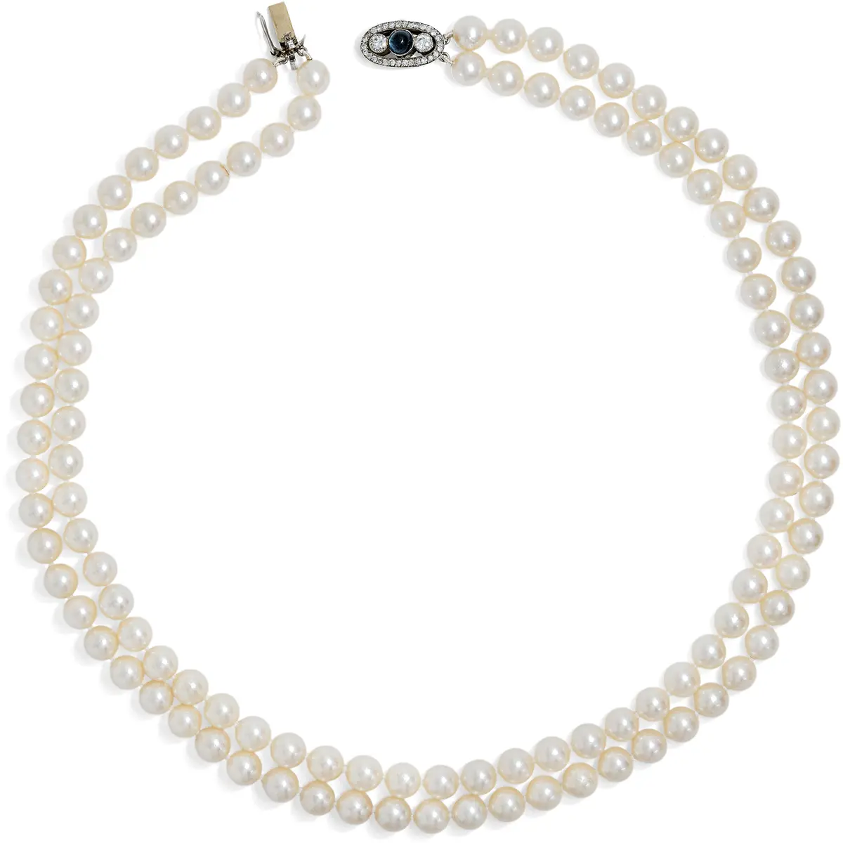 Two-Row Akoya Pearl Necklace with Antique Sapphire & Diamond Clasp