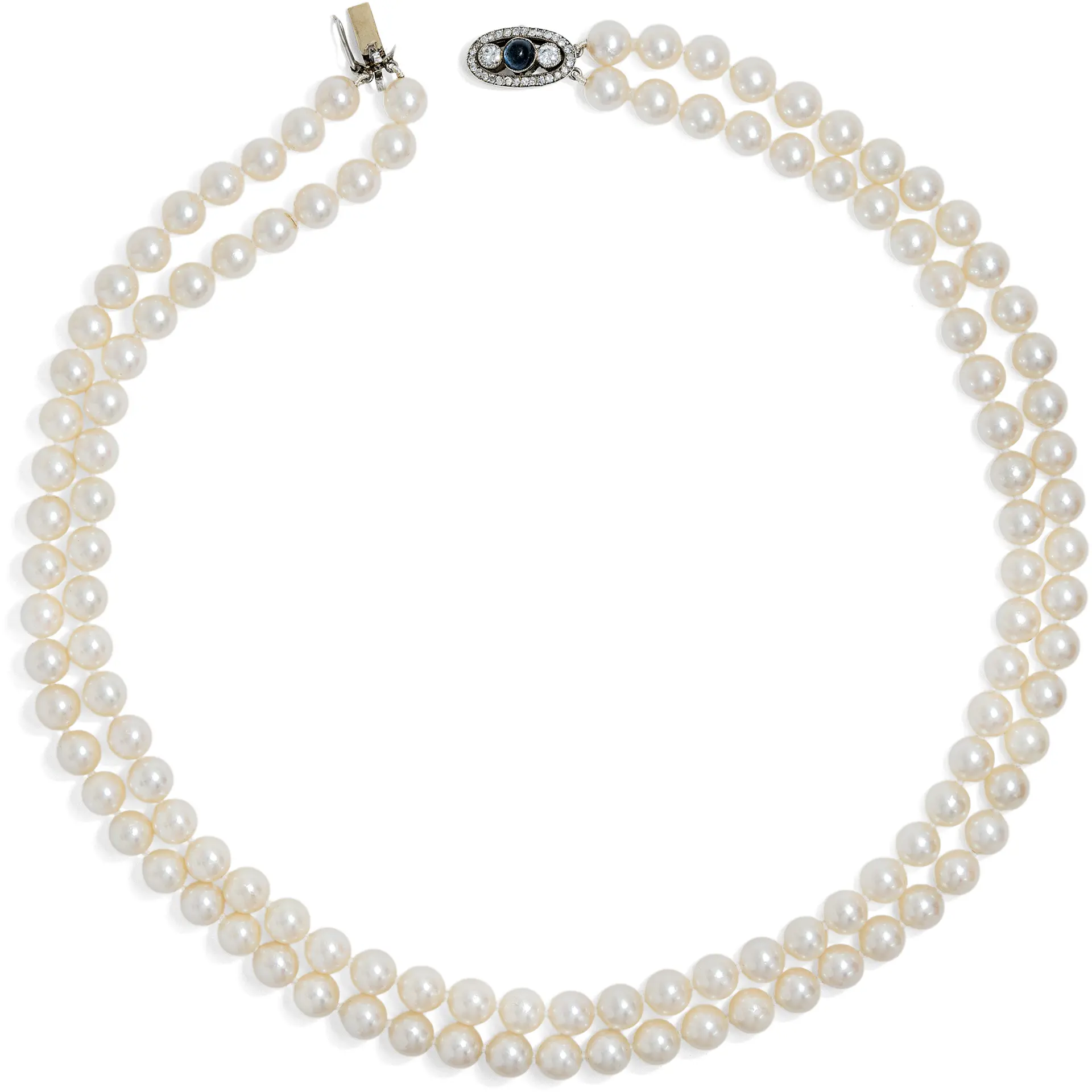 Two-Row Akoya Pearl Necklace with Antique Sapphire & Diamond Clasp