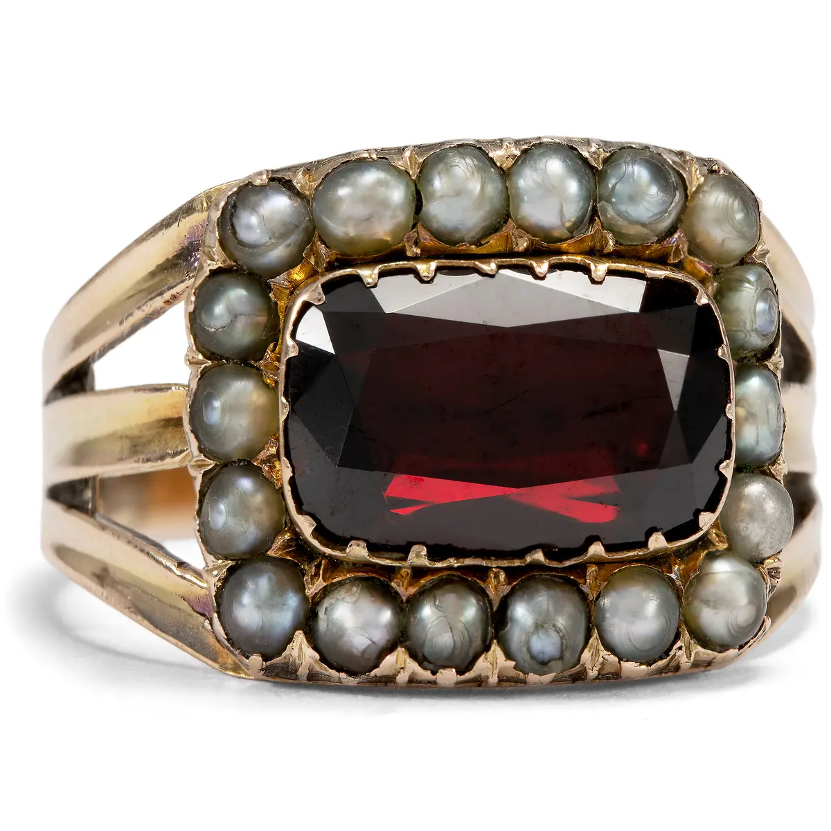 Victorian Mourning Ring with Garnet and Pearls in Gold, c. 1844 and later