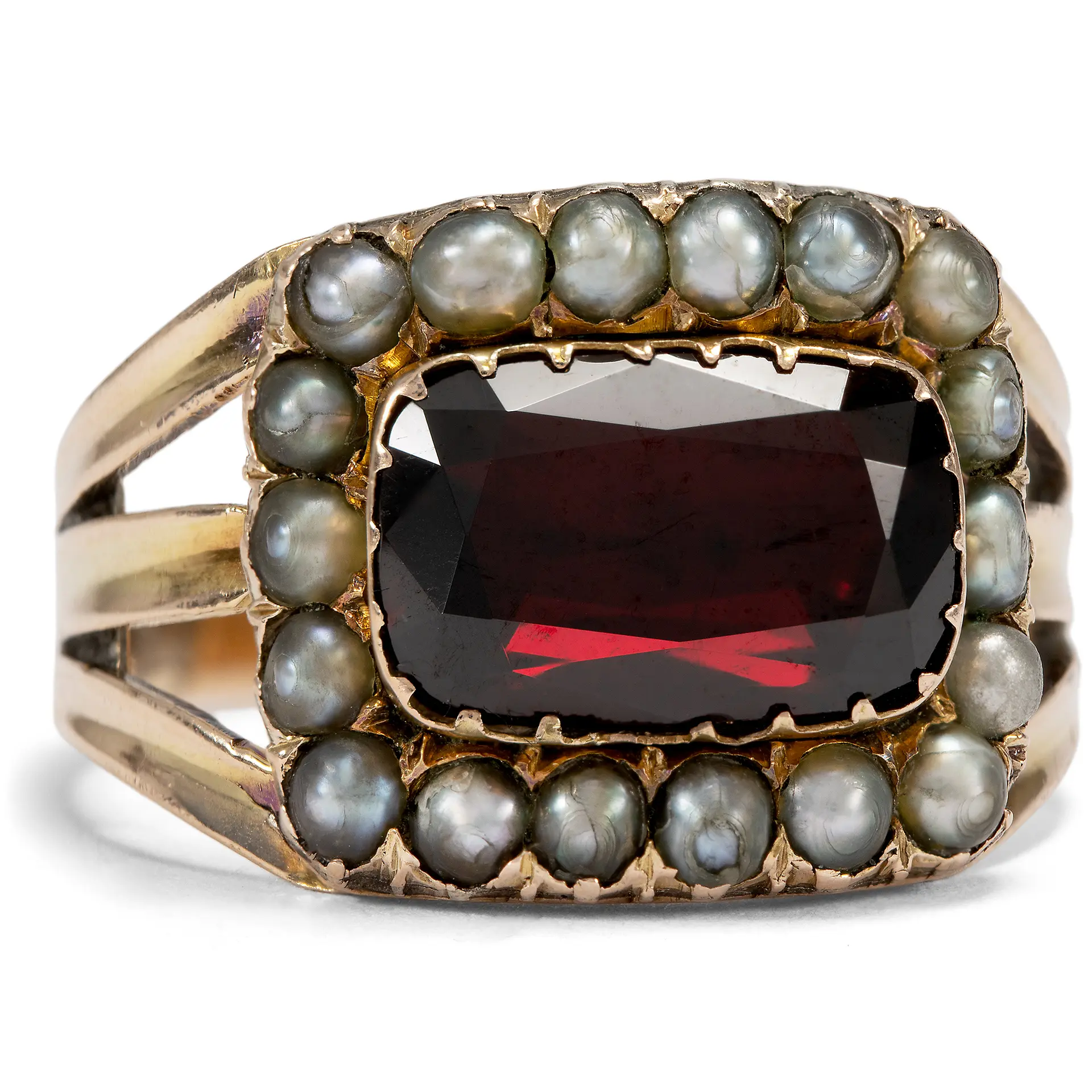 Victorian Mourning Ring with Garnet and Pearls in Gold, c. 1844 and later
