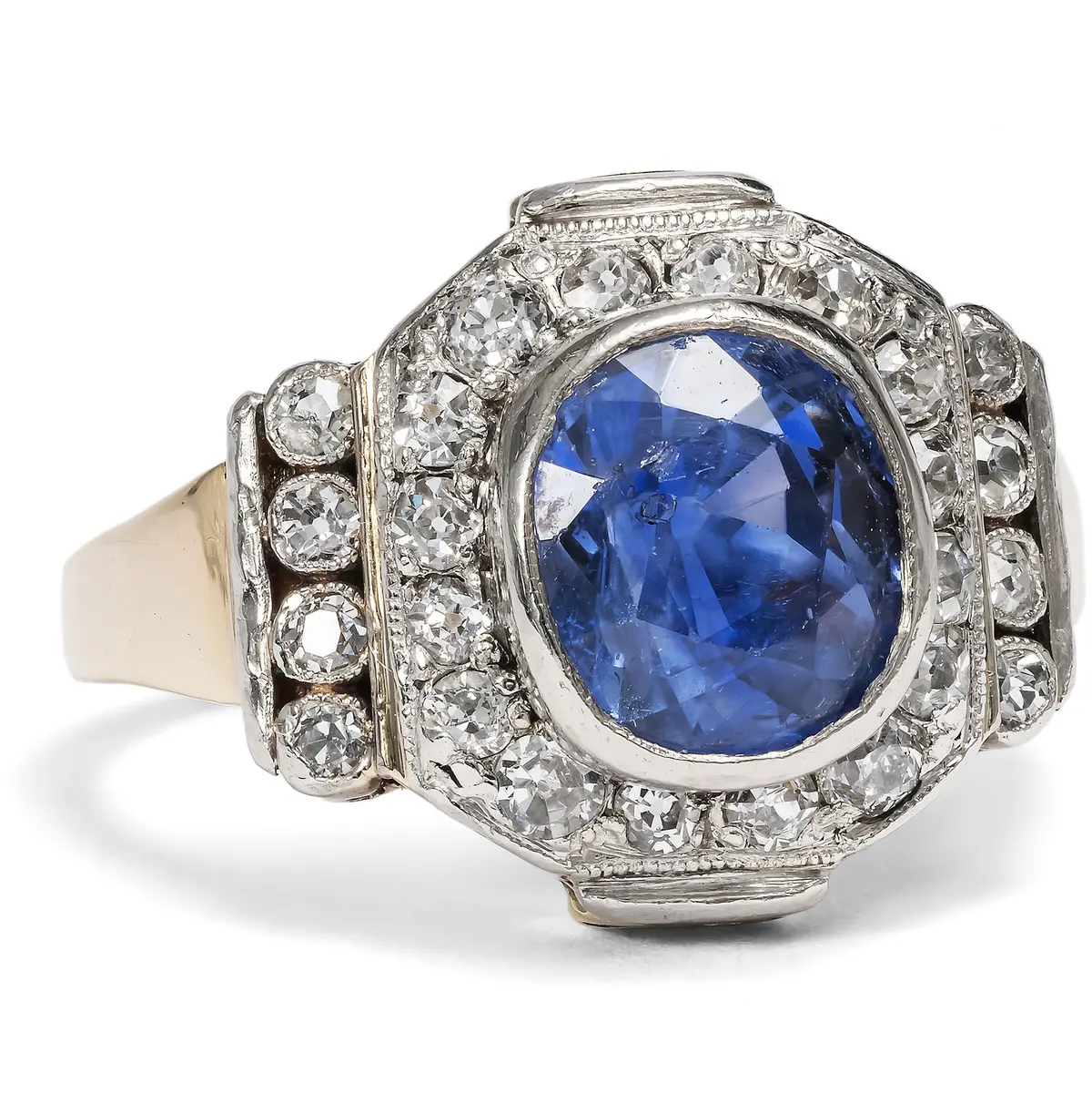 Antique Ring with Sapphire & Diamonds in Gold & Platinum, Art Déco c. 1930