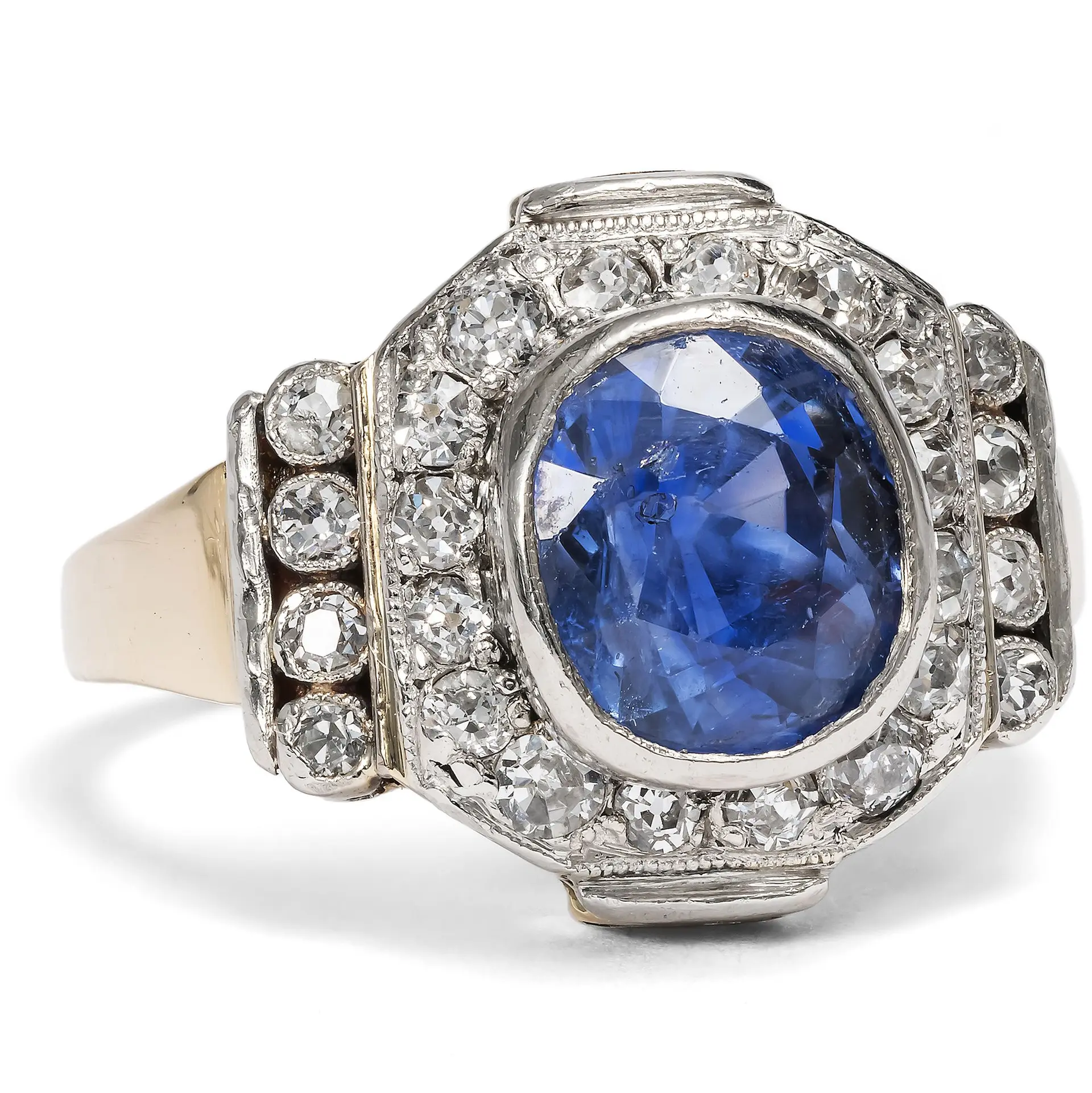 Antique Ring with Sapphire & Diamonds in Gold & Platinum, Art Déco c. 1930
