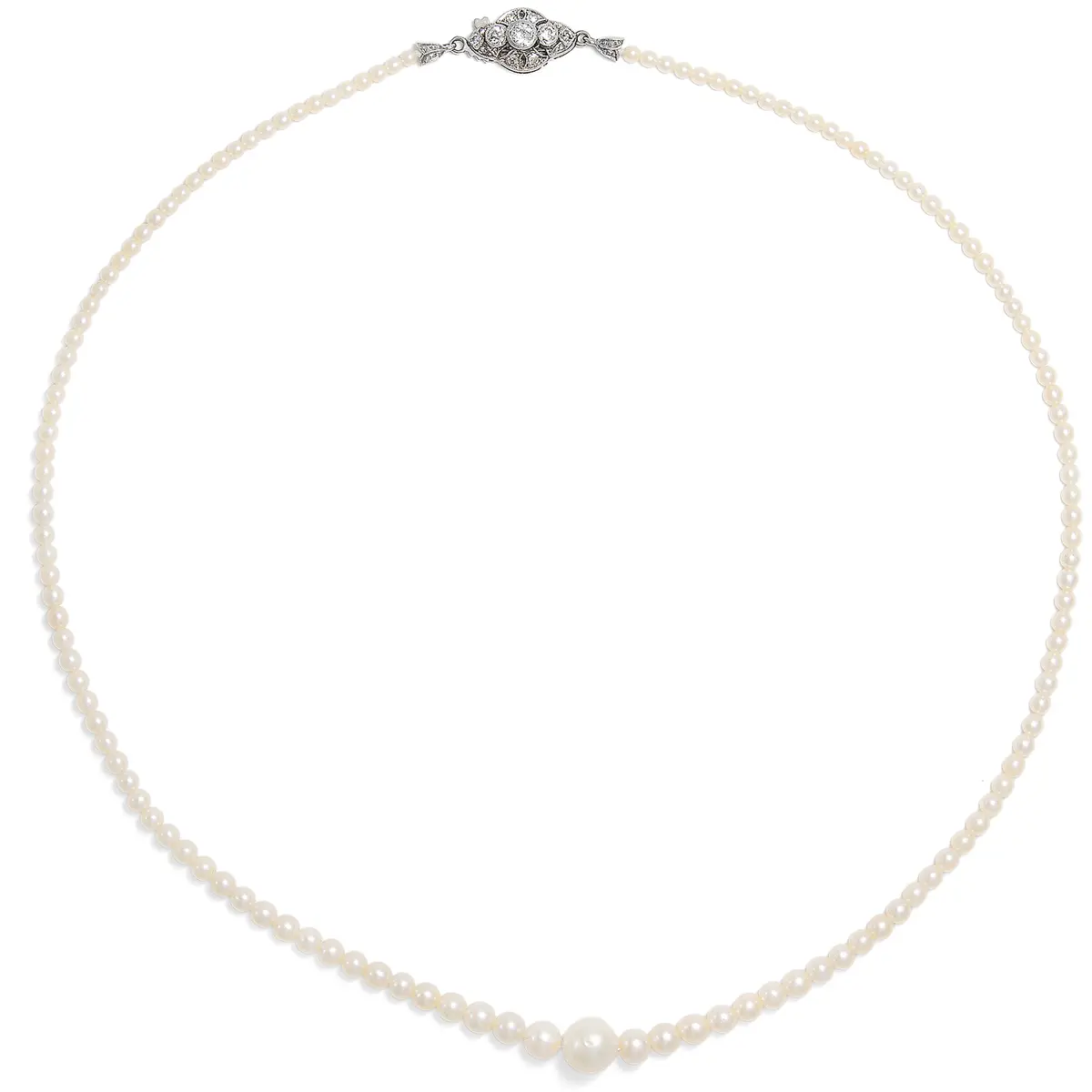 Fine Necklace Made of Natural Pearls with Clasp Made of Diamonds in