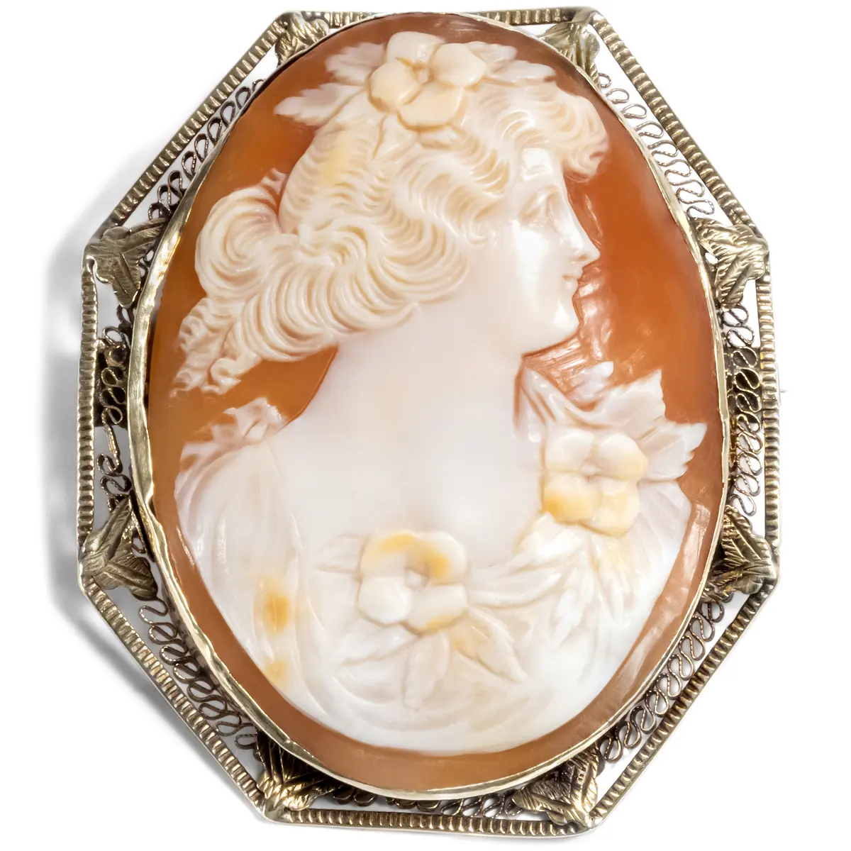 Large Shell Cameo of Flora in Filigree Gold, ca. 1925