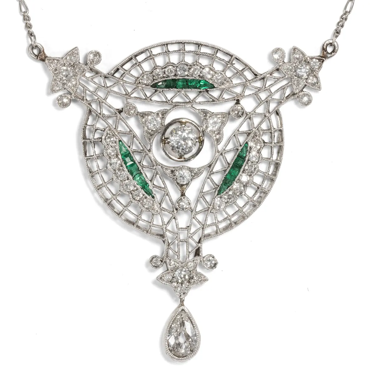 Delicate Necklace with Diamonds & Emeralds in Platinum, circa 1915