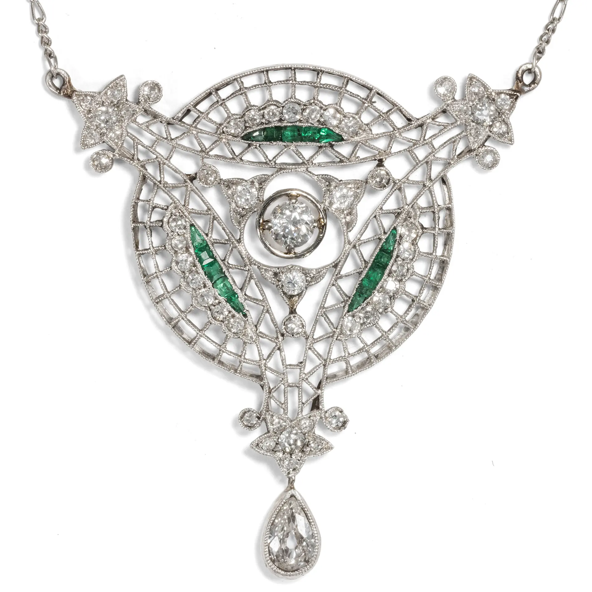 Delicate Necklace with Diamonds & Emeralds in Platinum, circa 1915