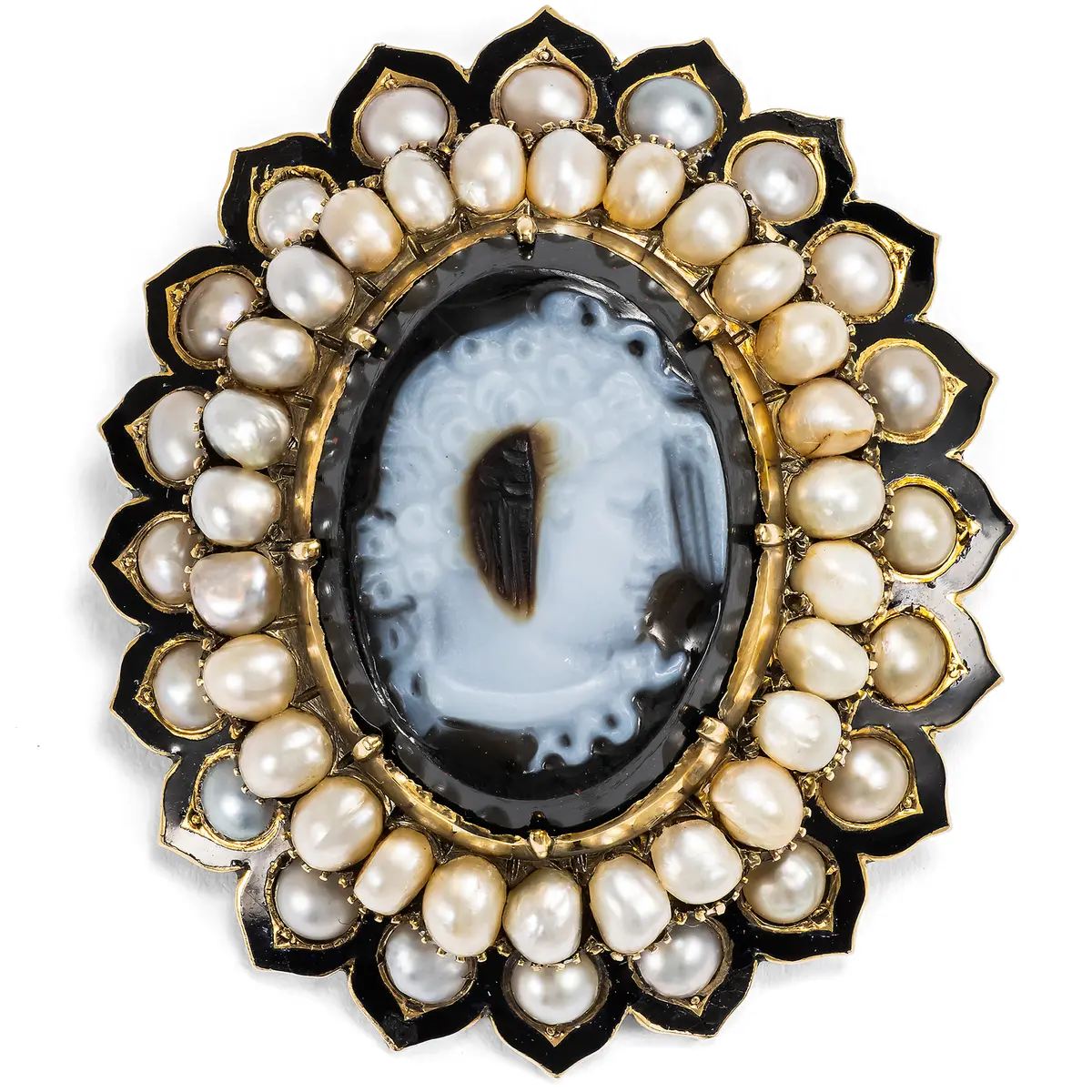 Antique Brooch with a Hardstone Cameo of Medusa in a Natural Pearl
